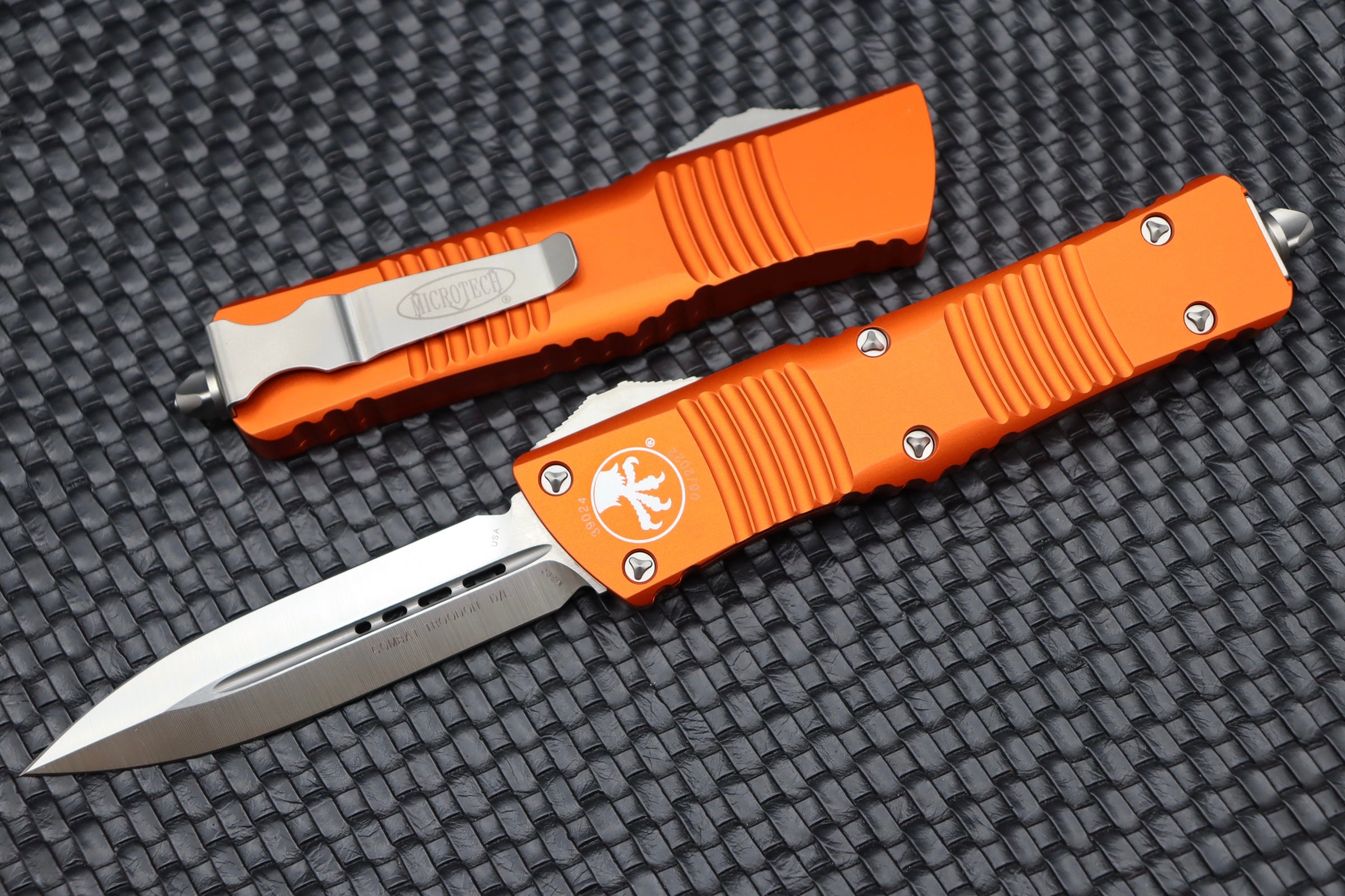 Premium Microtech Combat Troodon Satin Double Edge Tactical Knife - Orange 142-4OR