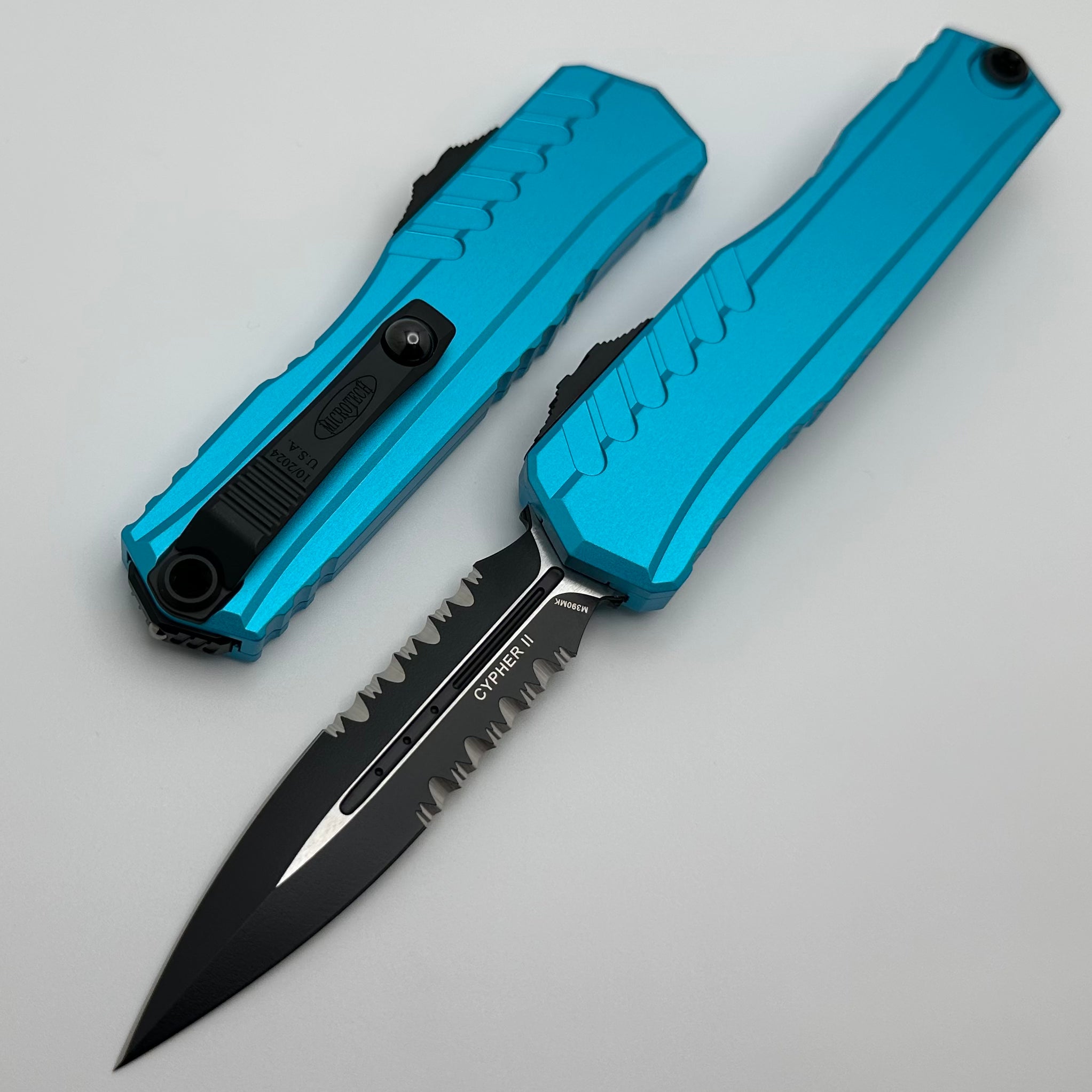 Microtech Cypher II Ultimate Tactical Knife - Black Partial Serrated with Turquoise Handle