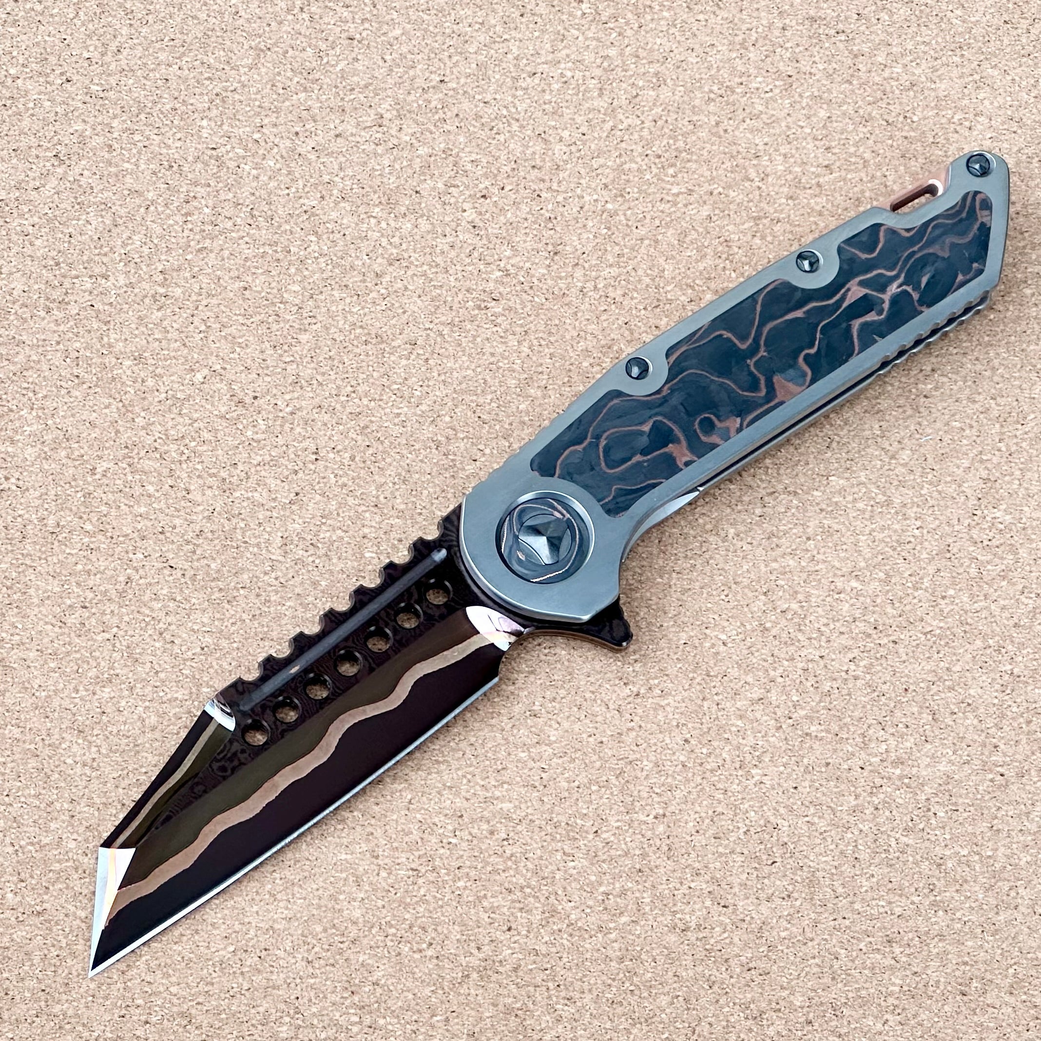 Marfione Custom Warhound Titanium Damascus Knife with Copper Carbon Fiber Inlay