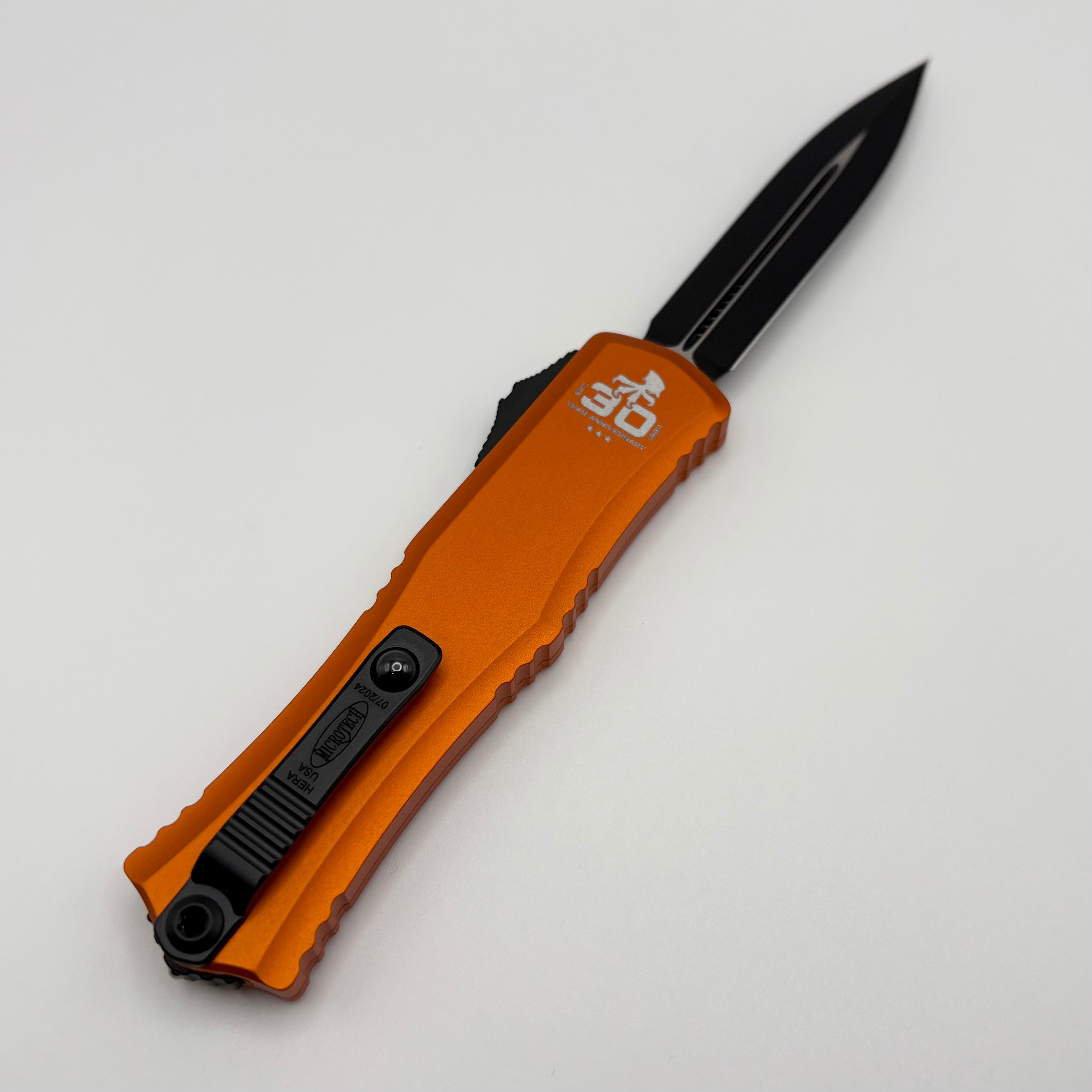 Premium Pre-Owned Microtech Mini Hera 30th Anniversary EDC Knife - Black D/E M390MK with Orange Handle