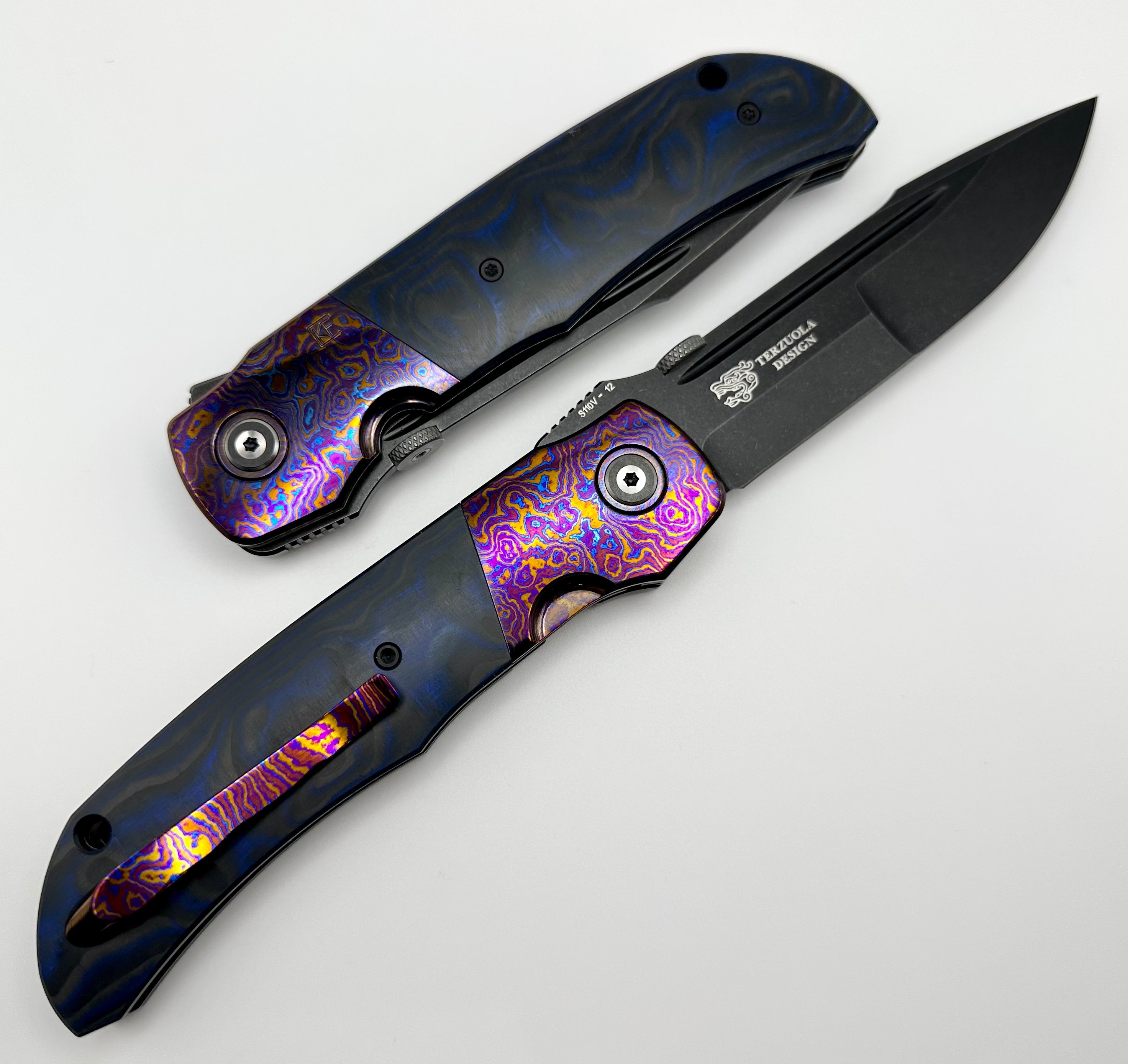 Premium Custom Knife Factory Eagle Rock - Timascus Bolsters & Blue/Black Carbon Fiber with S110V Blade