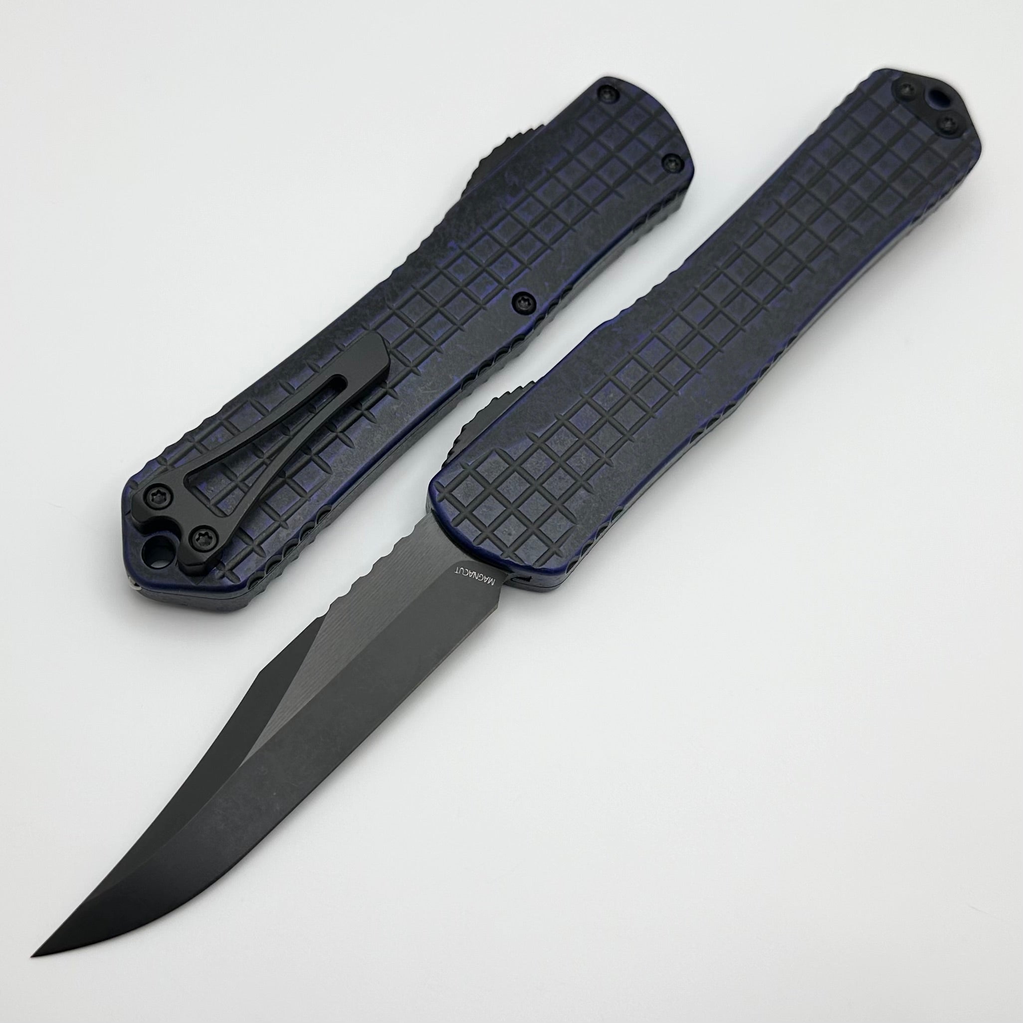 Heretic Knives Manticore X Premium OTF Knife - Purple Grenade Frag Handle & DLC Bowie MagnaCut