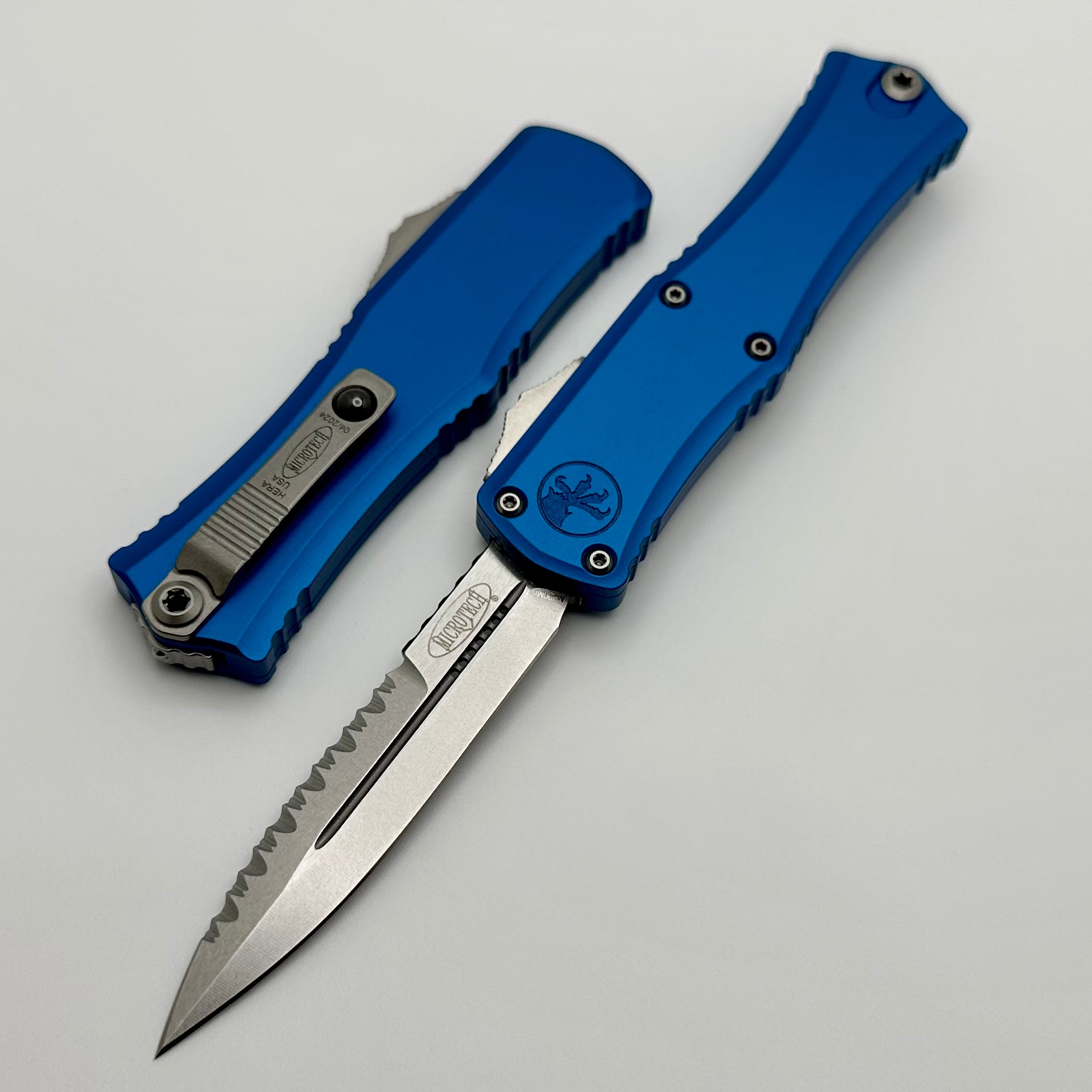 Microtech Mini Hera Premium EDC Knife - Full Serrated Stonewash M390MK Blade with Blue Aluminum Handle