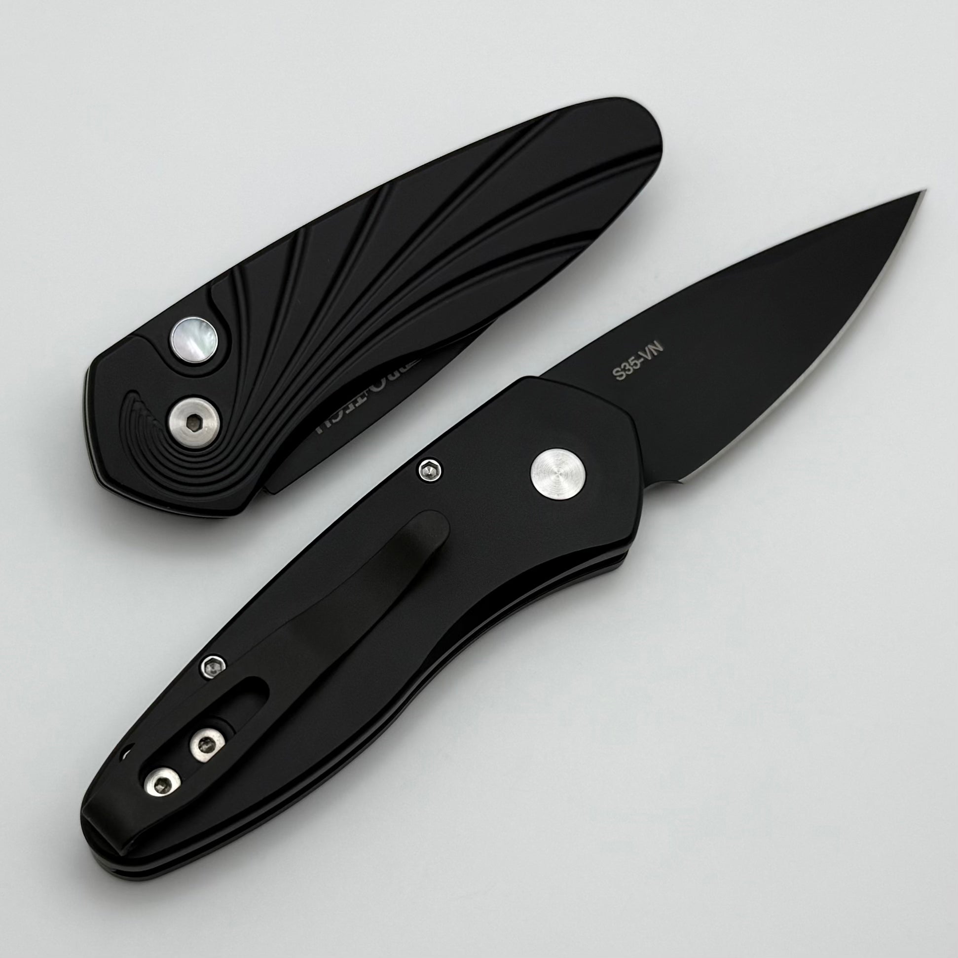 Premium Pro-Tech Sprint 3D Carved Handle Knife with Mother of Pearl Button & Black S35VN Blade