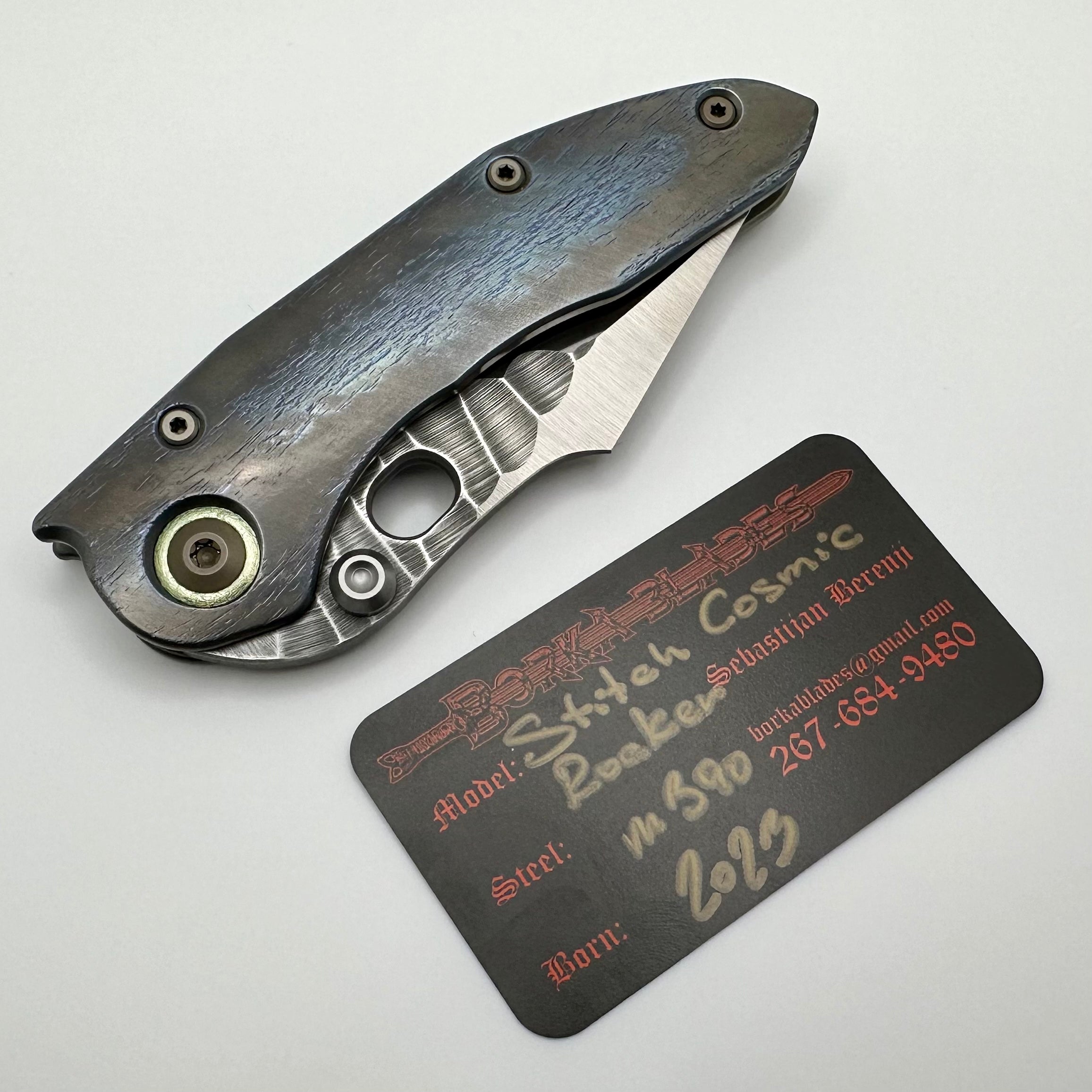 Borka Blades Ultimate Custom Rocker Knife - Cosmic Stitch with Rock Grind Blade & Green Pivot Collars