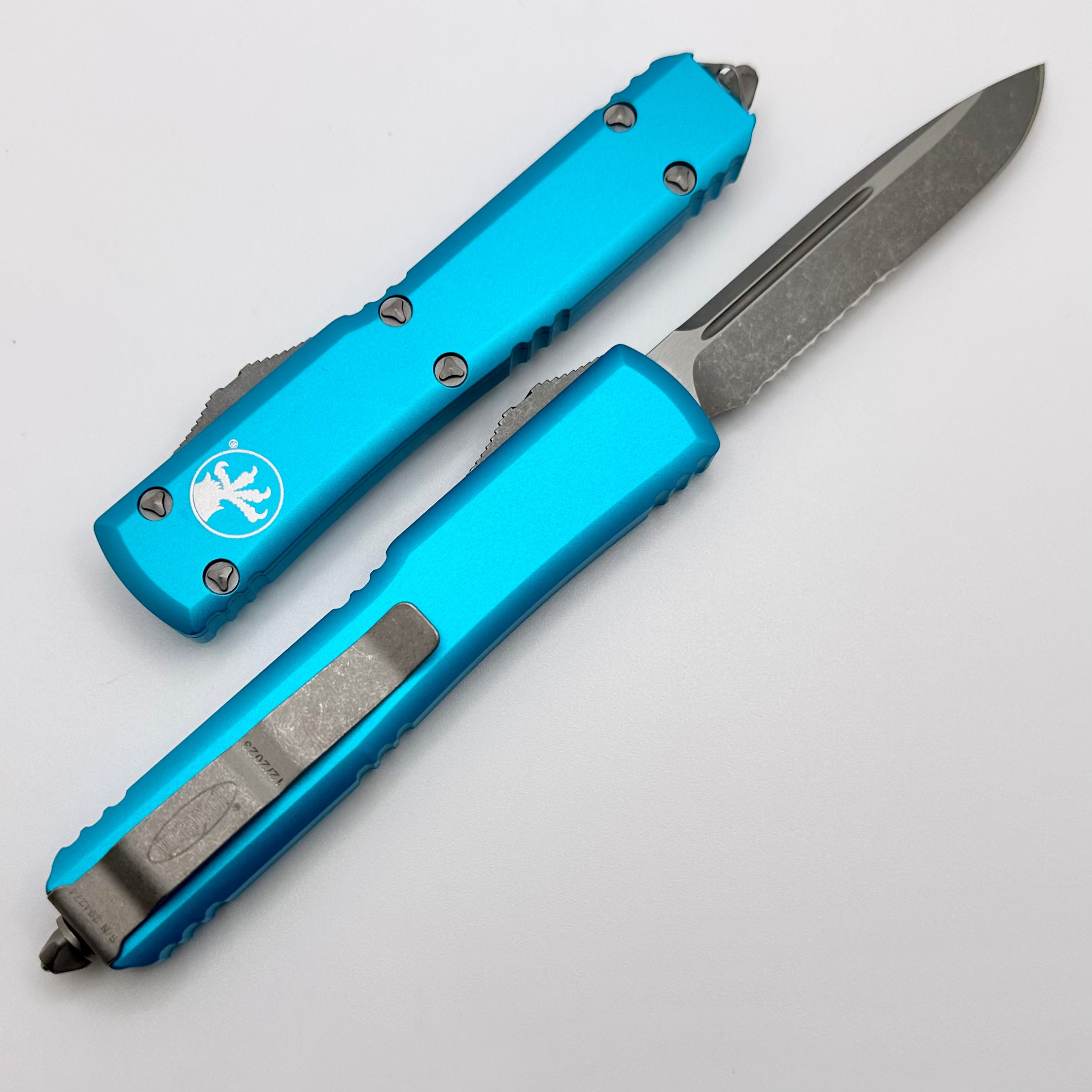 Premium Microtech Ultratech Apocalyptic Serrated Turquoise OTF Knife