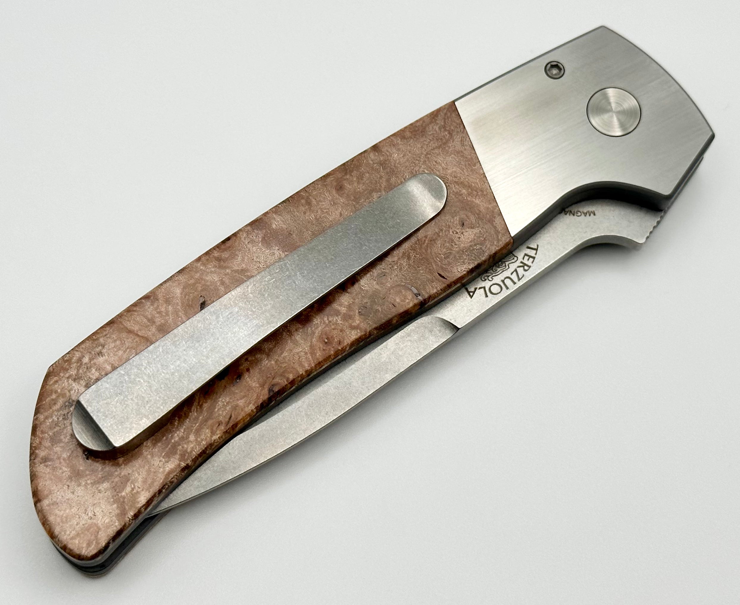 Premium Pro-Tech ATCF Knife: Maple Burl Inlays & Stonewash MagnaCut Blade