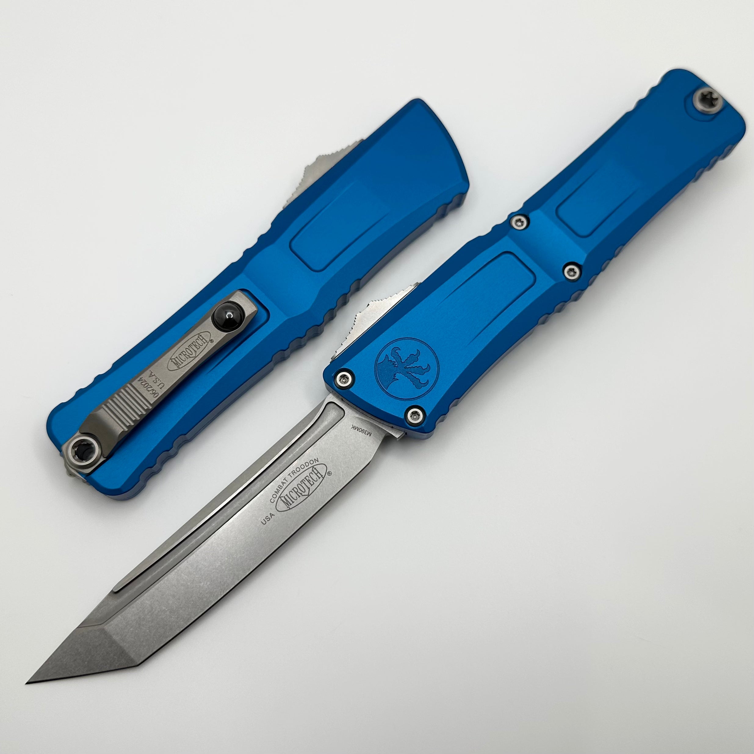 Microtech Premium Combat Troodon Gen III Tactical Knife - Stonewash Tanto Blade & Blue Aluminum Handle