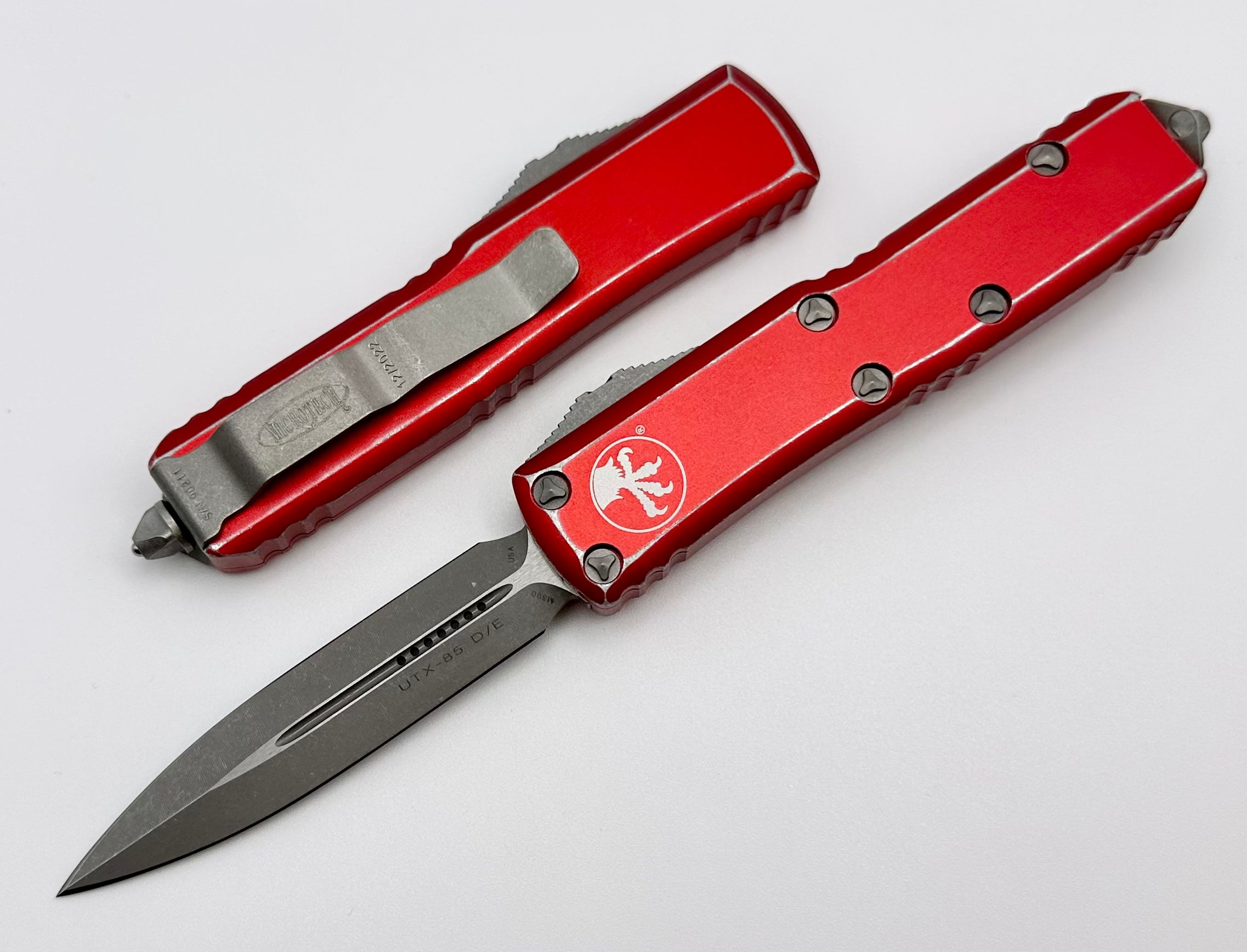 Microtech UTX-85 Premium Double Edge EDC Knife - Apocalyptic Finish with Distressed Red Handle