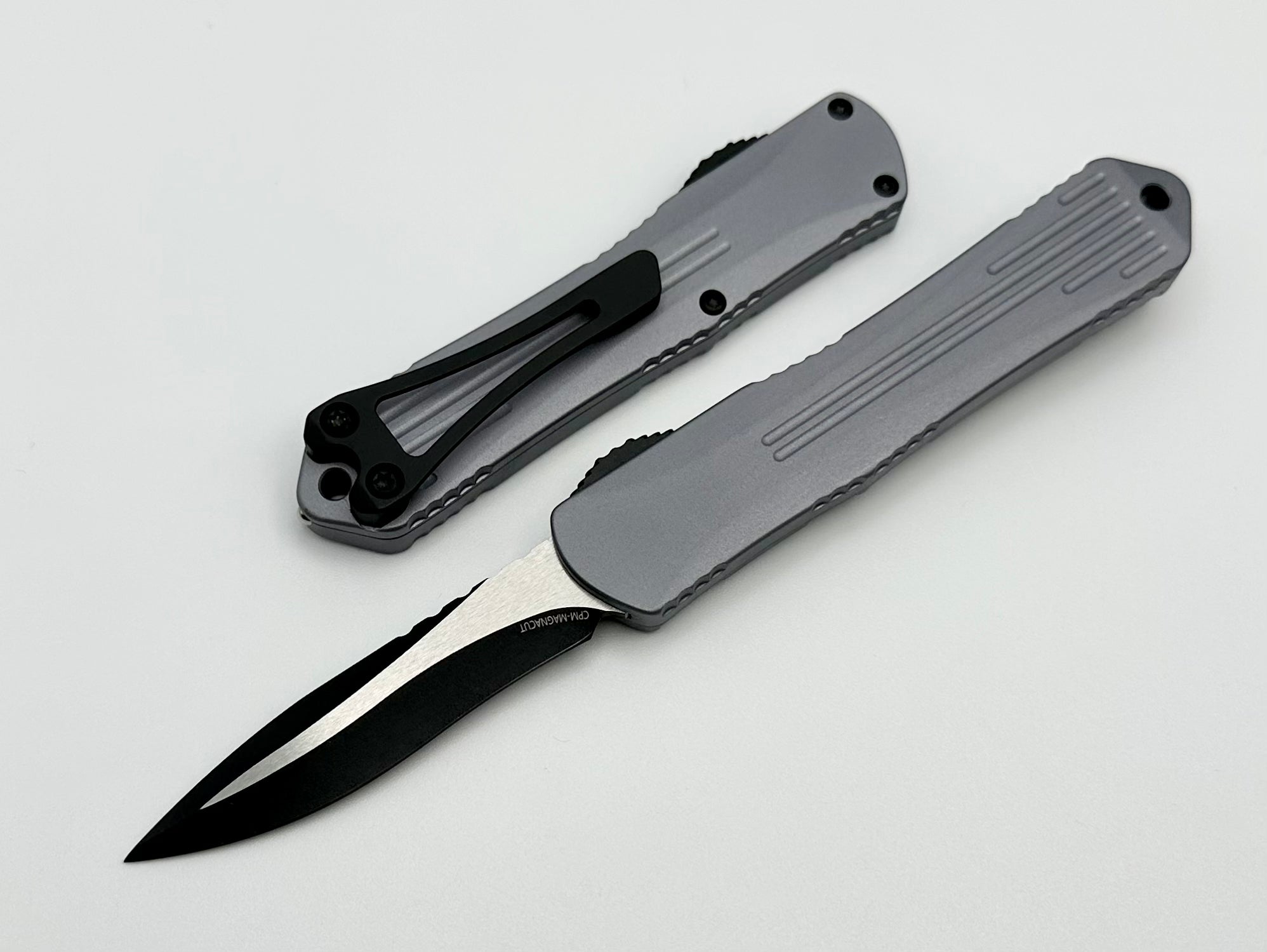 Heretic Knives Manticore S: Compact EDC OTF Knife - Gray & Two Tone Battleworn Black Magnacut