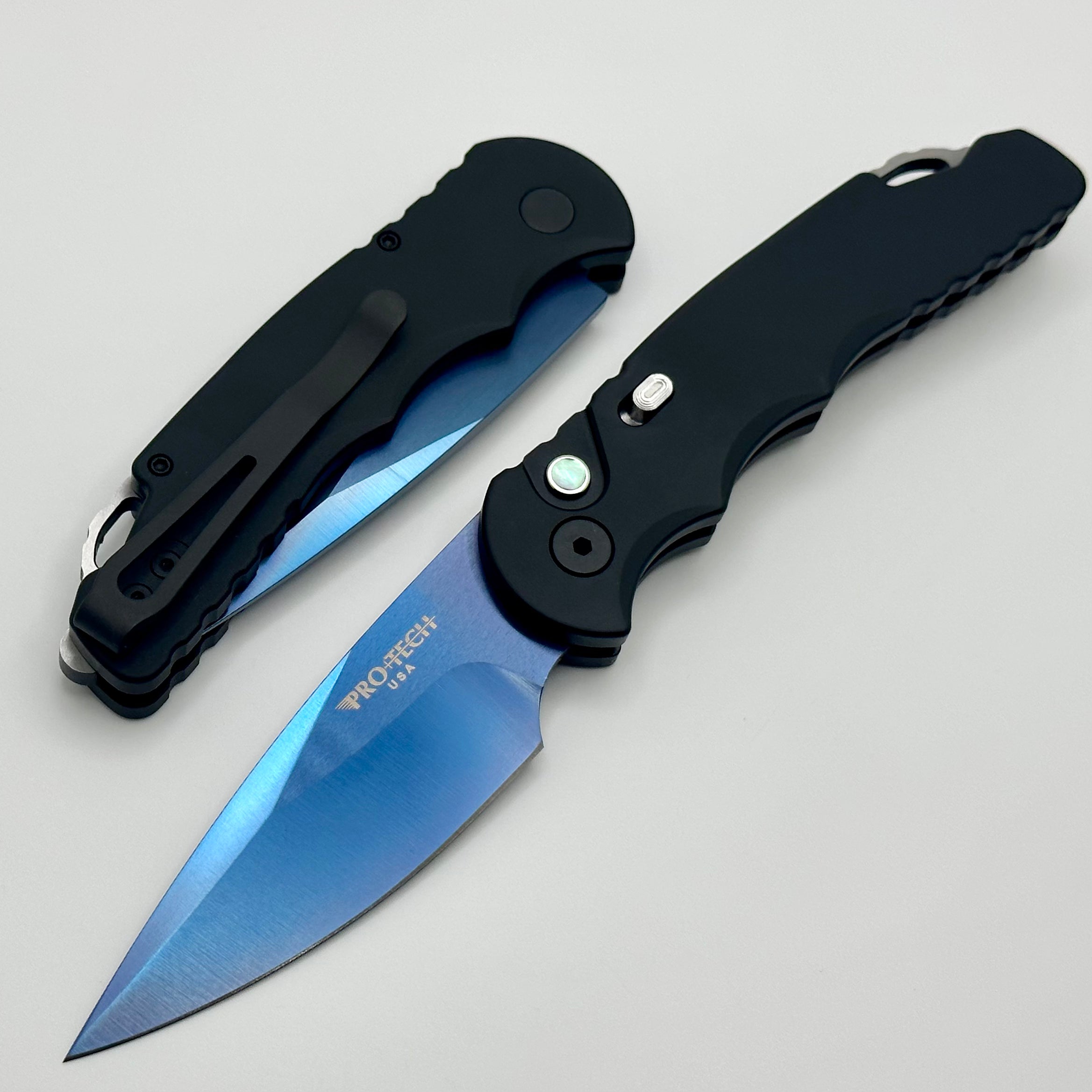 Pro-Tech TR-5 Ultimate Auto Knife: Black Handle, Sapphire Blue Blade & Abalone Button