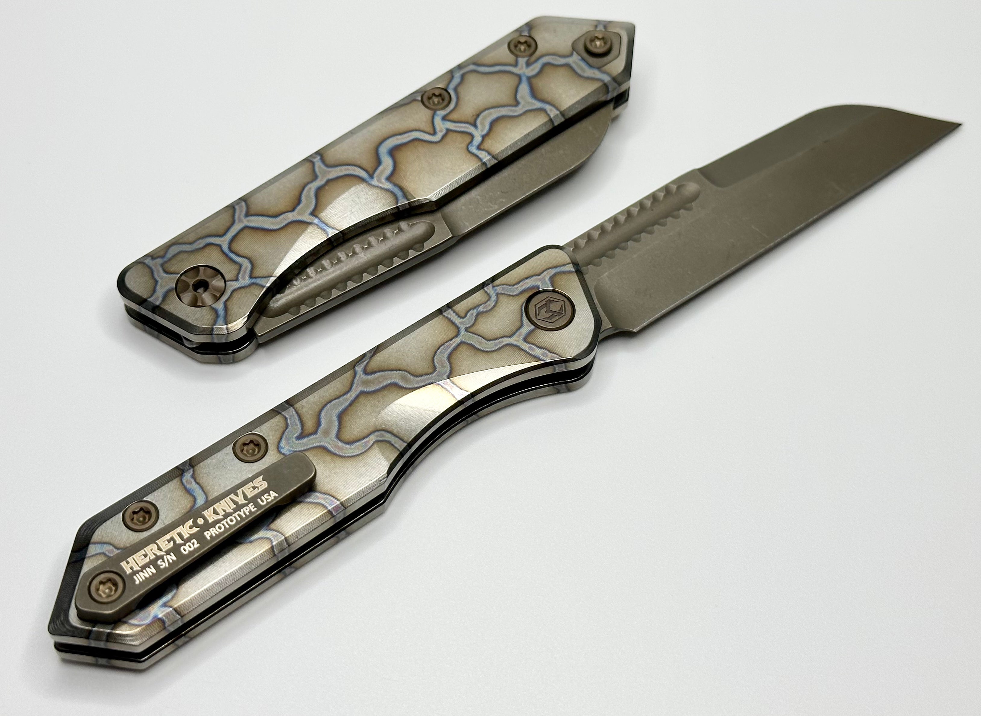 Heretic Knives Jinn Prototype: Premium Flamed Titanium Slip Joint with Bronze Accents & MagnaCut Blade