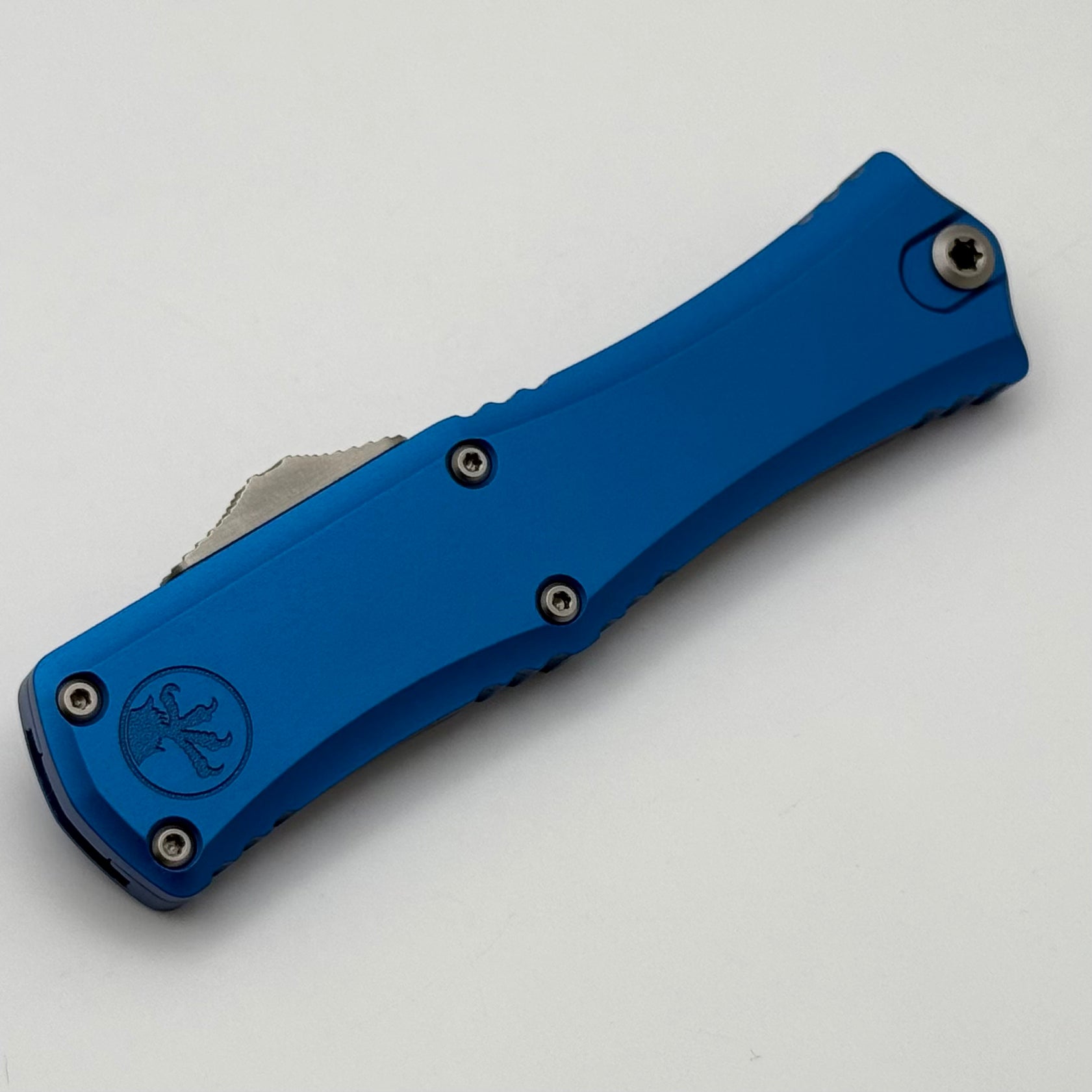 Premium Microtech Mini Hera Satin Double Edge Knife with Blue Handle