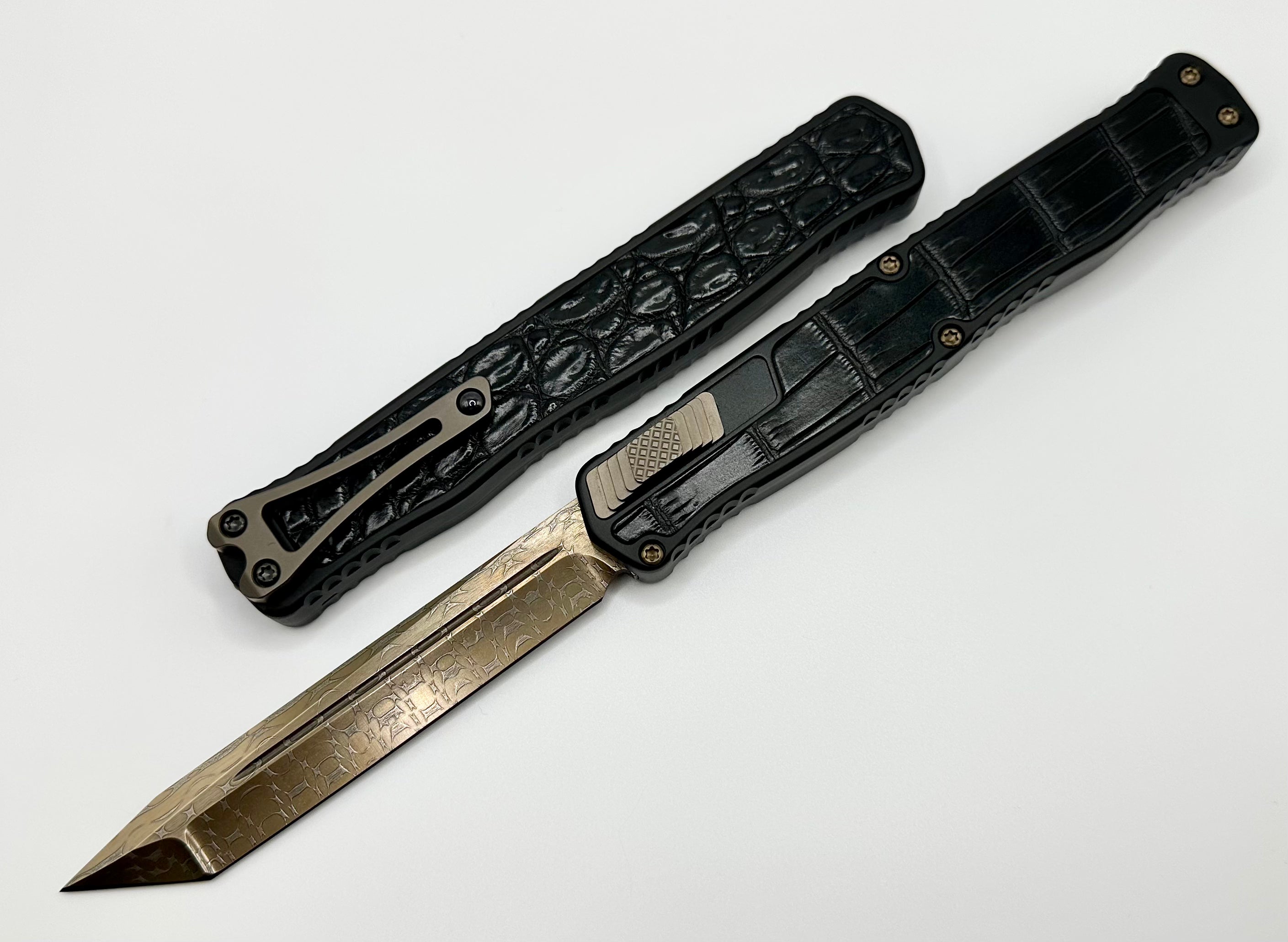 Premium Heretic Knives Cleric II - Vegas Forge 3V Tanto with Bronze Damascus & Crocodile Inlays