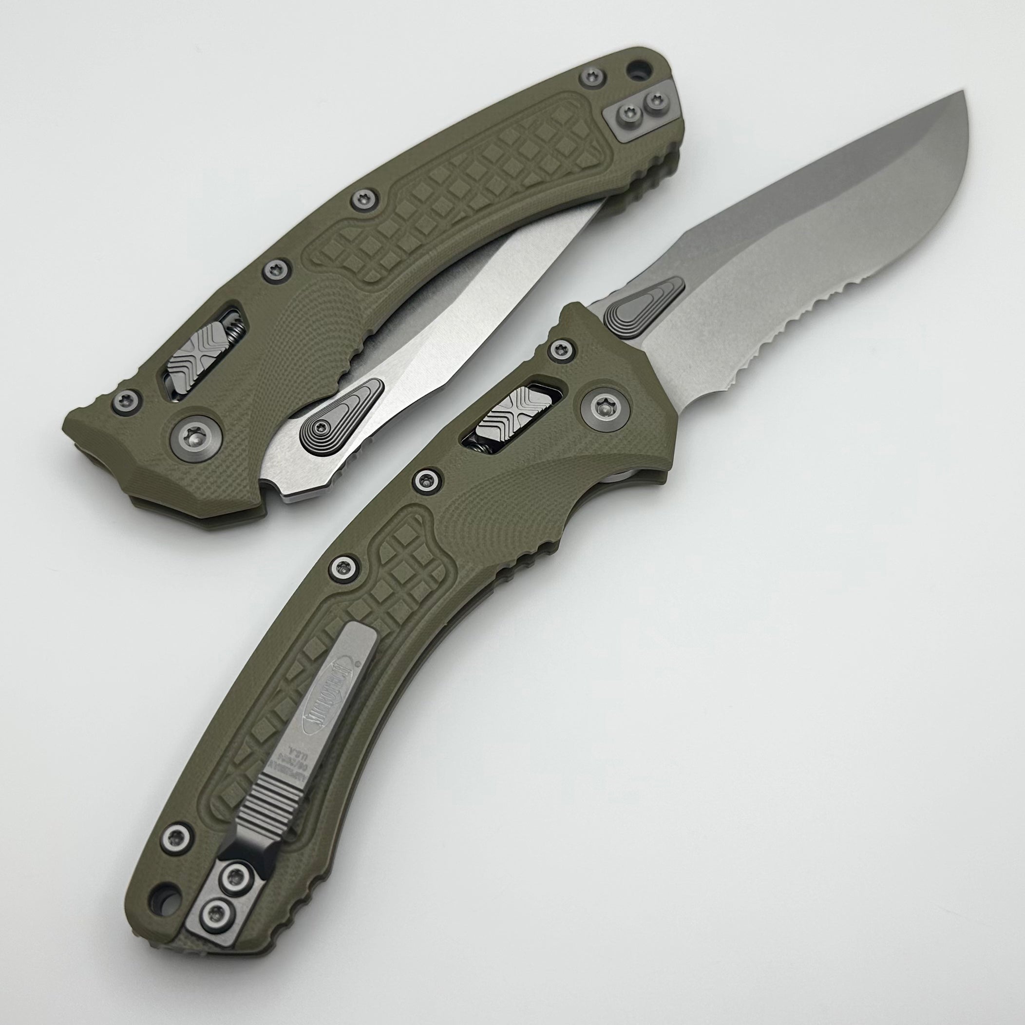 Microtech Amphibian RAM LOK Ultimate Tactical Knife - OD Green Frag G-10 & Serrated Stonewash M390MK