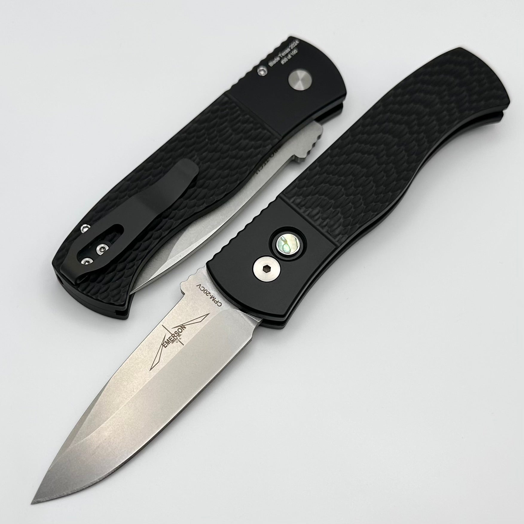 Pro-Tech Emerson CQC-A Auto Knife - Premium Textured Black Handle with Abalone Button & Stonewash 20CV Blade - Texas Blade Show 2024 Edition