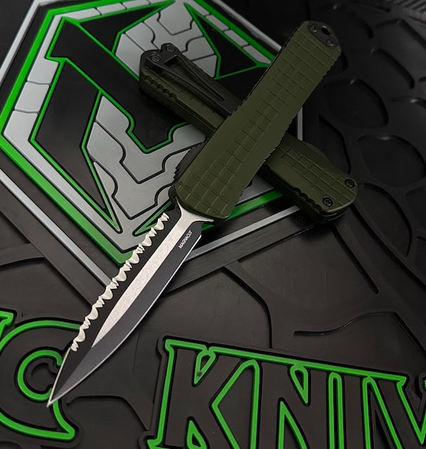 Heretic Knives Manticore E Ultimate Tactical OTF Knife - OD Green Grenade Grip, Two-Tone Full Serrated MagnaCut Blade