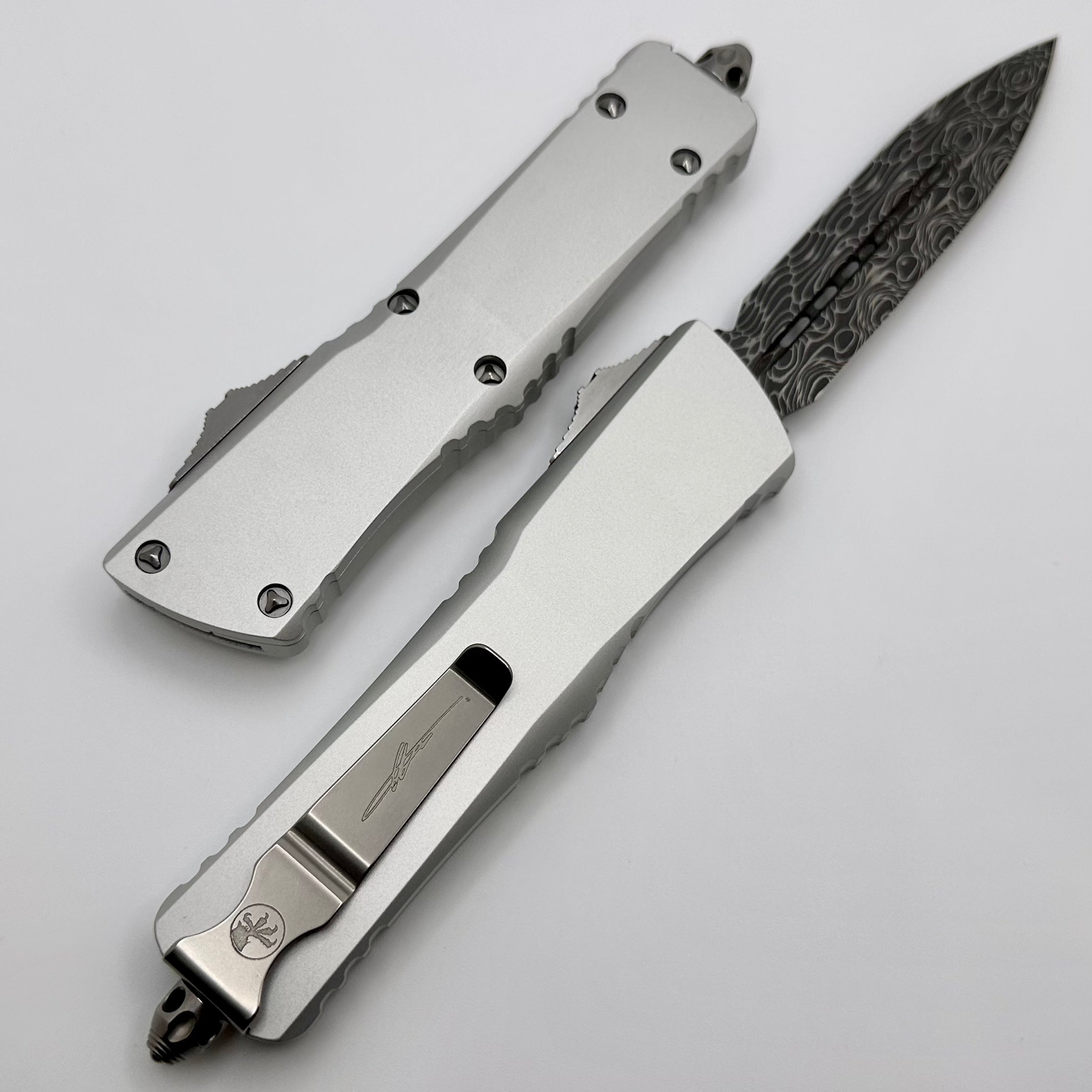 Ultimate Combat Troodon - Premium Damascus Double Edge Knife with Smooth Clear Handle