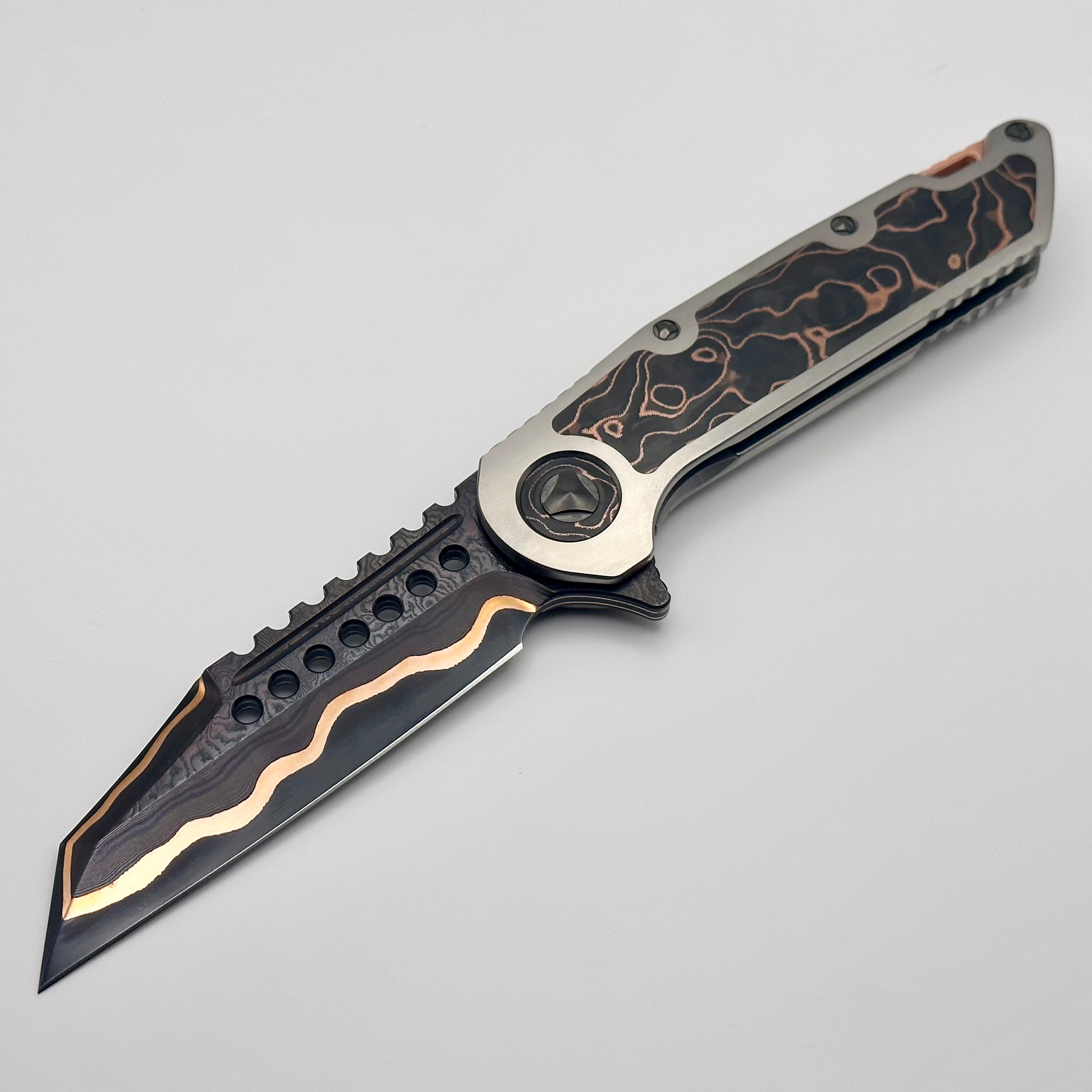 Premium Marfione Custom Warhound Sunset GoMai Damascus Knife with Titanium & Copper Carbon Fiber Inlay