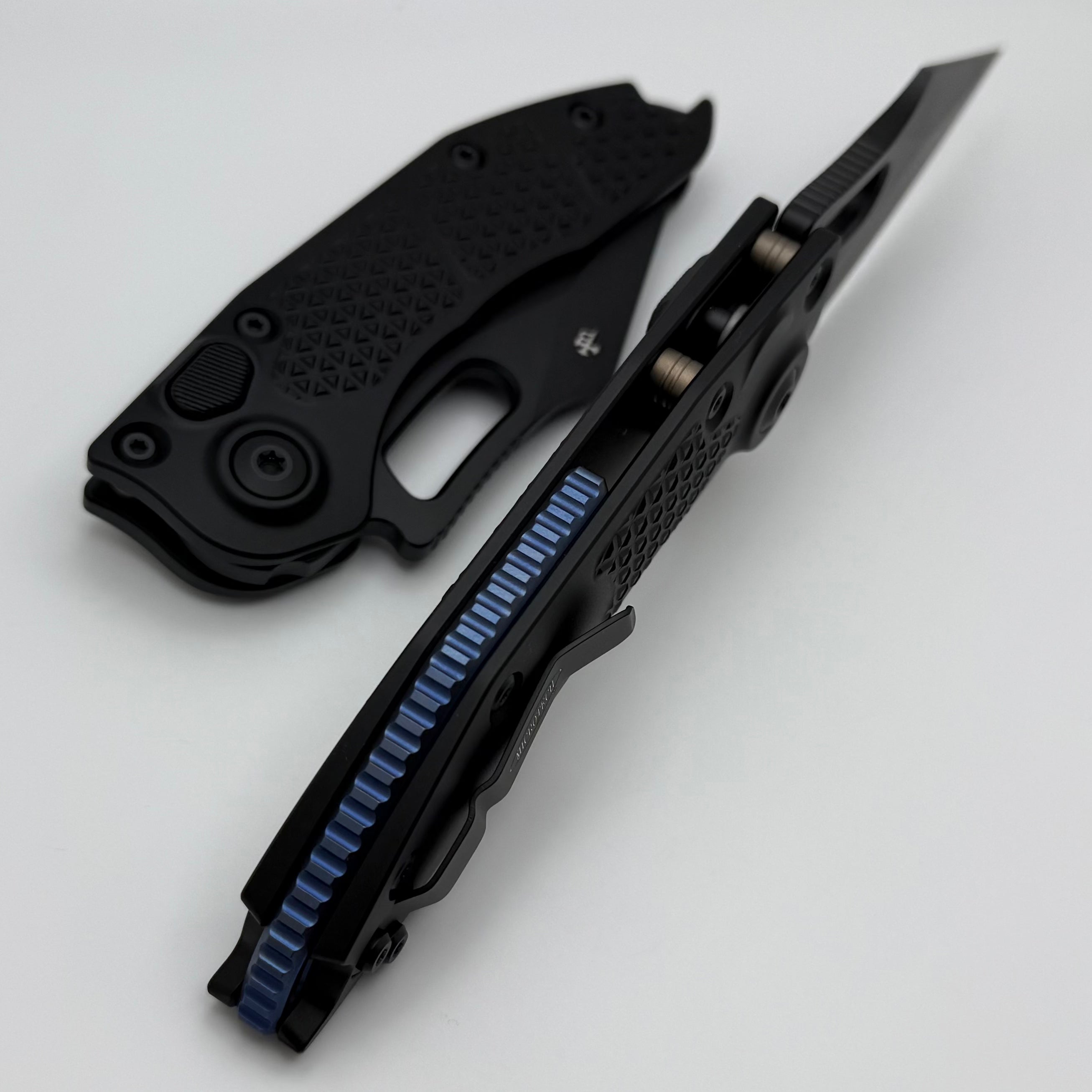 Microtech Borka Stitch S/E Full Serrated Tactical Knife with Blue Titanium Backspacer