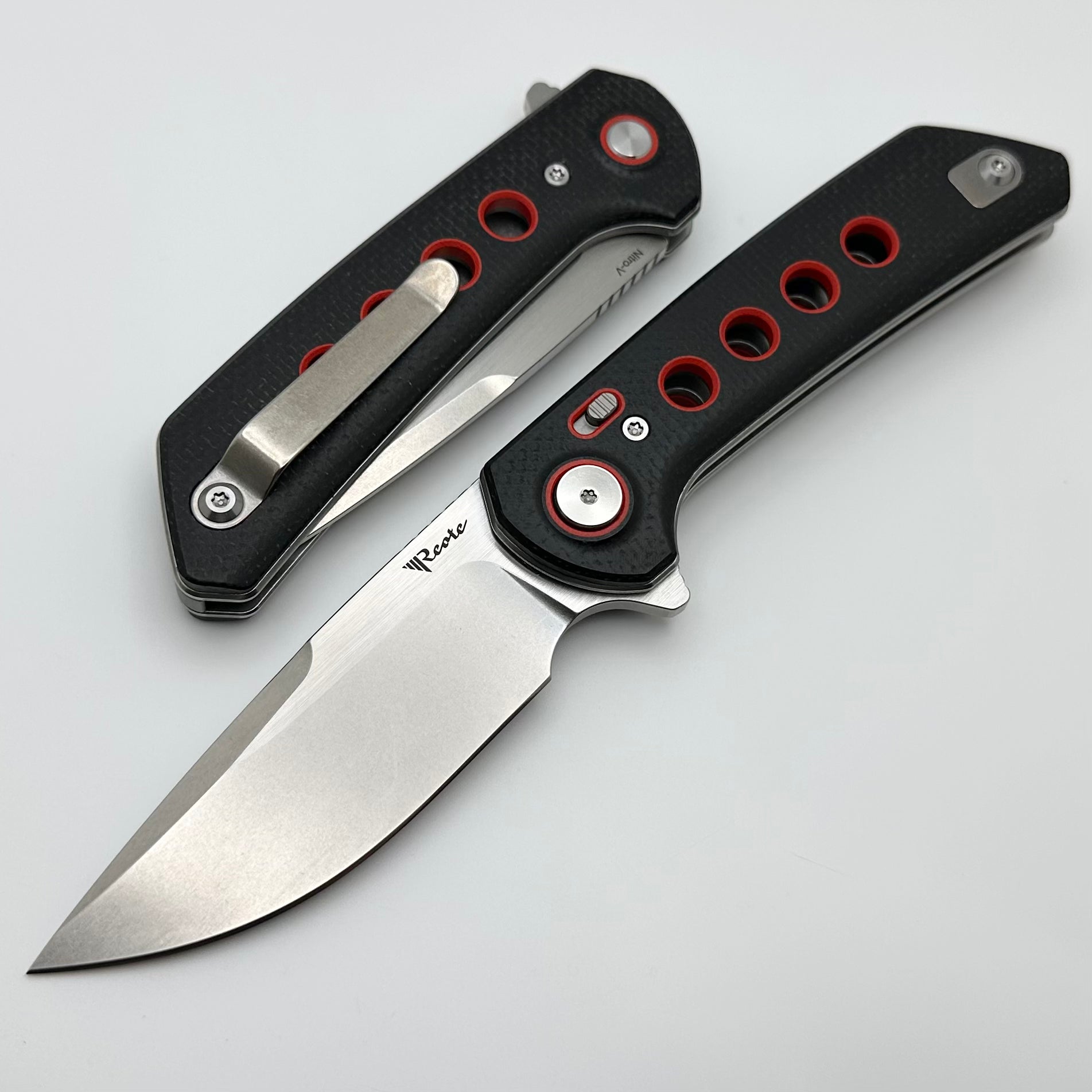 Reate Knives PL-XF Premium Folding Knife - Black Micarta with Red G-10 Inlays & Stonewash Nitro-V Blade