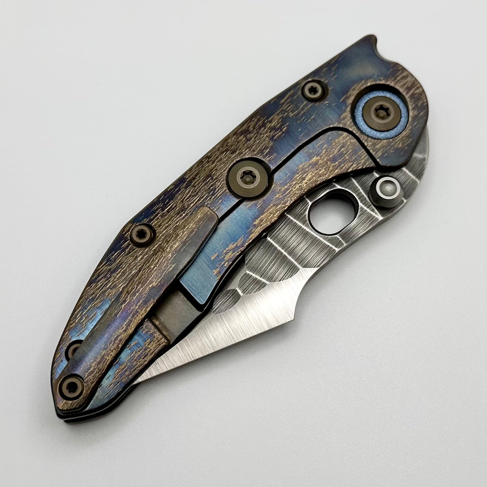 Premium Borka Blades Custom Rocker Cosmic Stitch Knife with Rock Grind Blade & Blue Pivot Collars