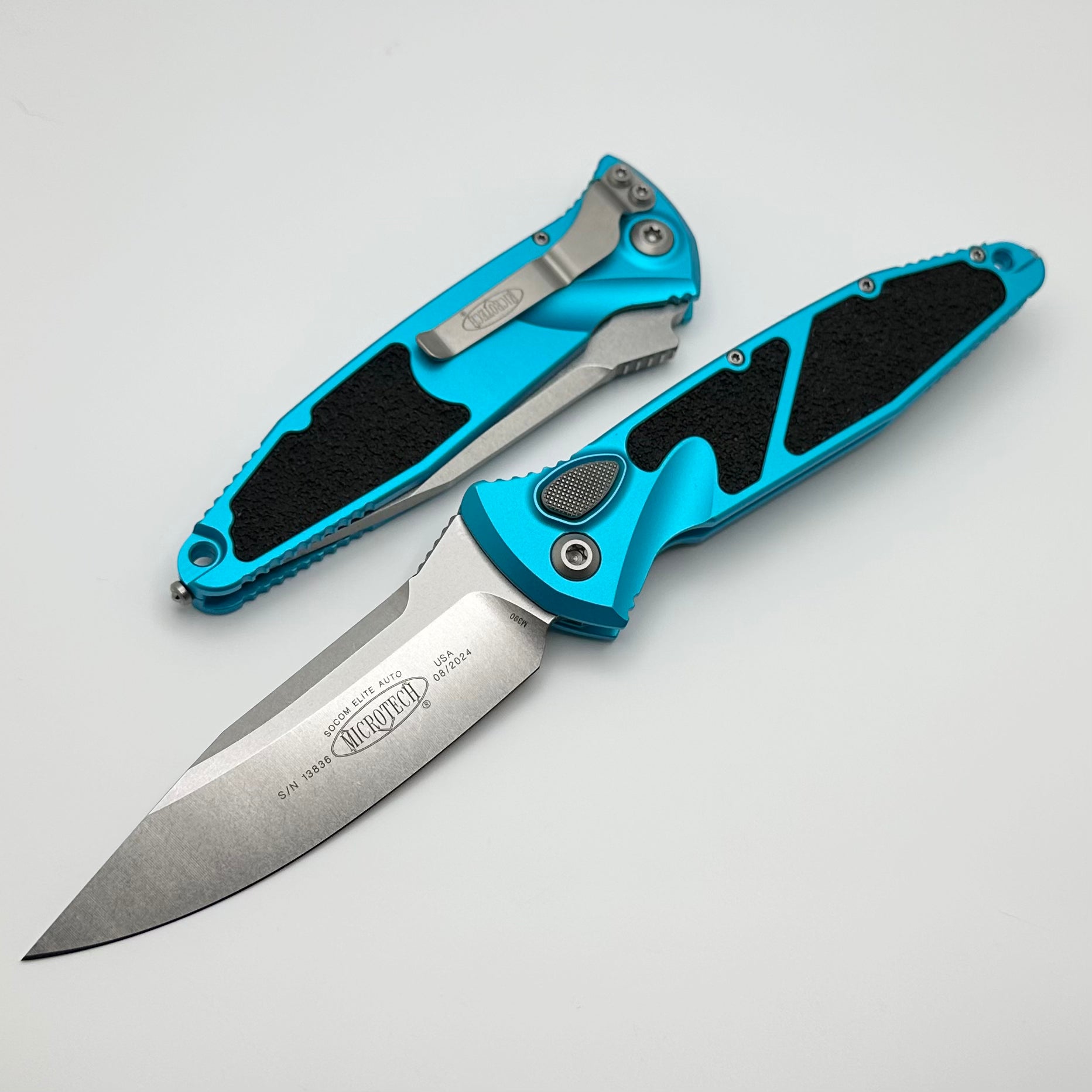 Premium Microtech Socom Elite Auto Tactical Knife - Turquoise Handles & Stonewash Blade