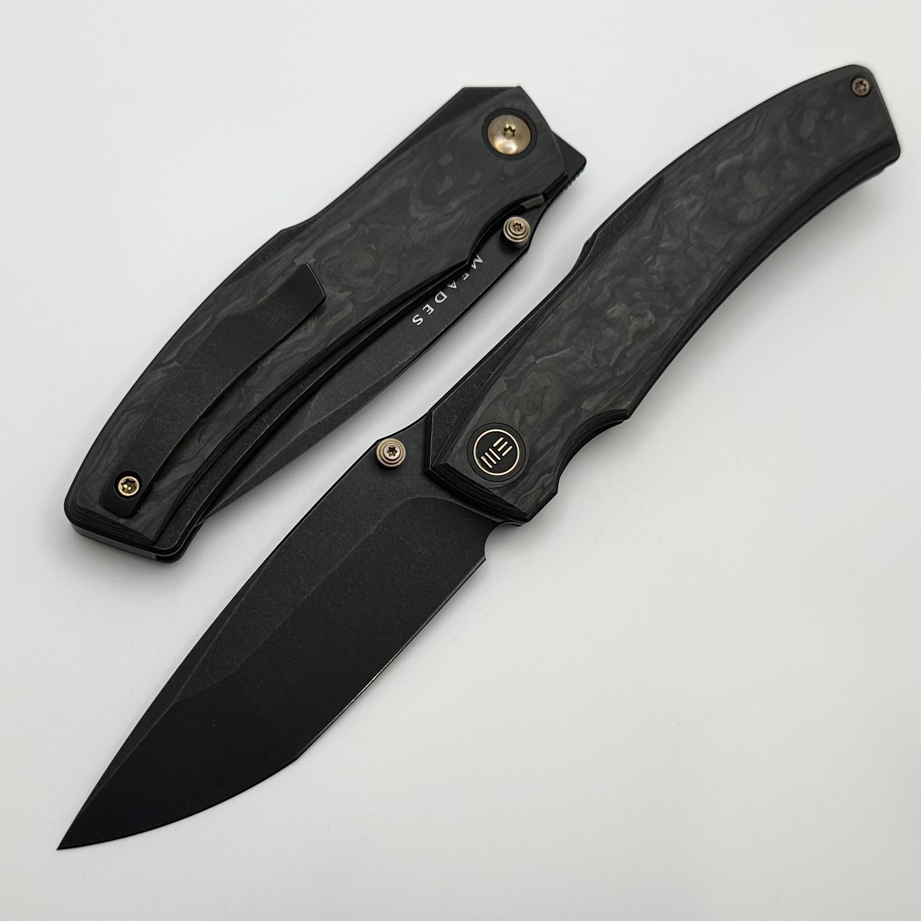 Premium WE Swordfin Tactical Knife - Carbon Fiber & Black Titanium Handles with Black Stonewash 20CV Blade