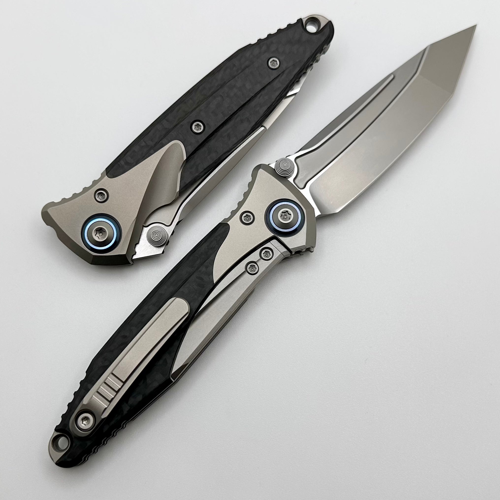 Microtech Socom Bravo Mini Tanto: Premium Tactical Knife with Blue Titanium Pivot & Carbon Fiber Handle