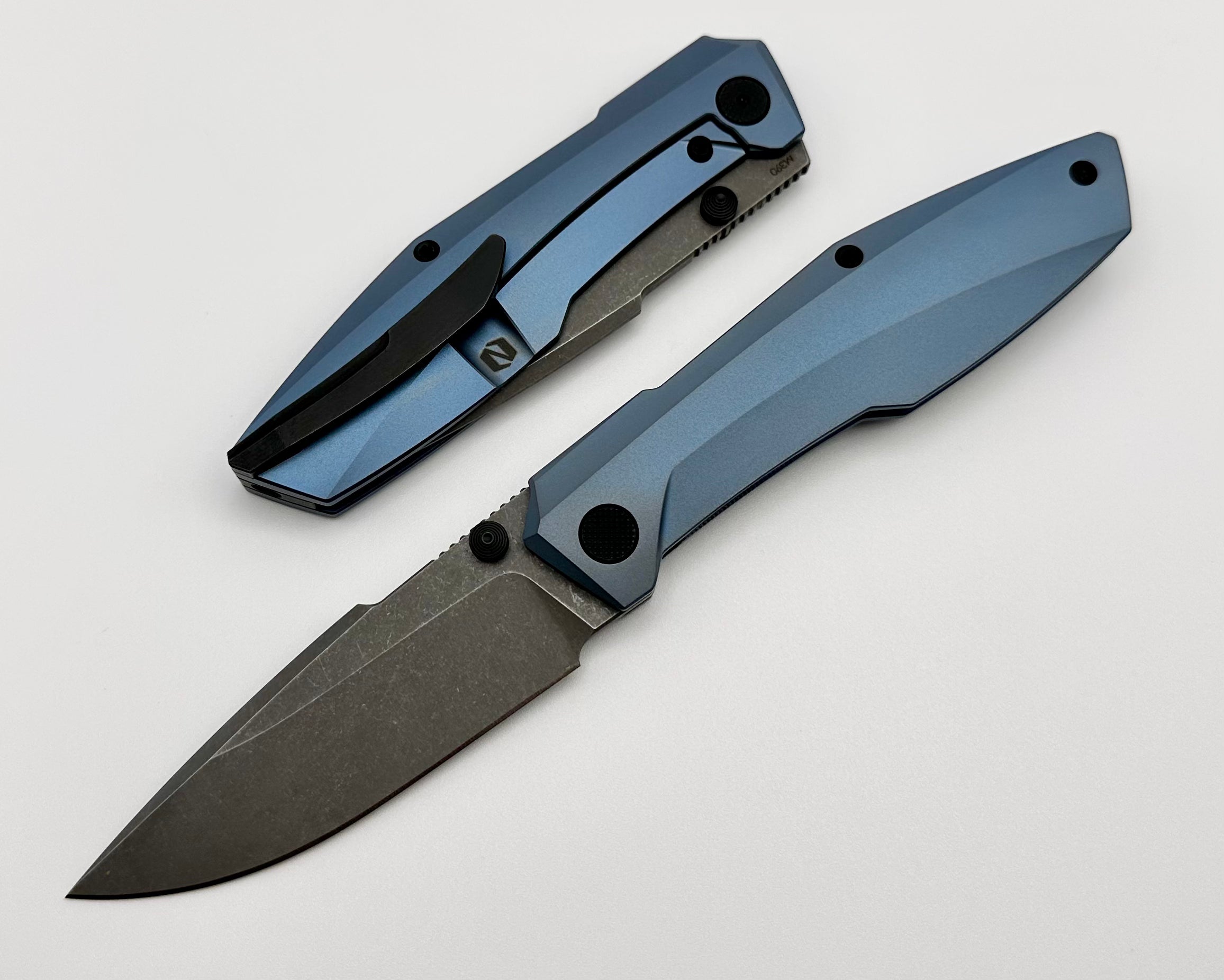 Null Knives Raiden Premium EDC Knife - Blue Anodized Titanium & Acid Washed M390 Blade