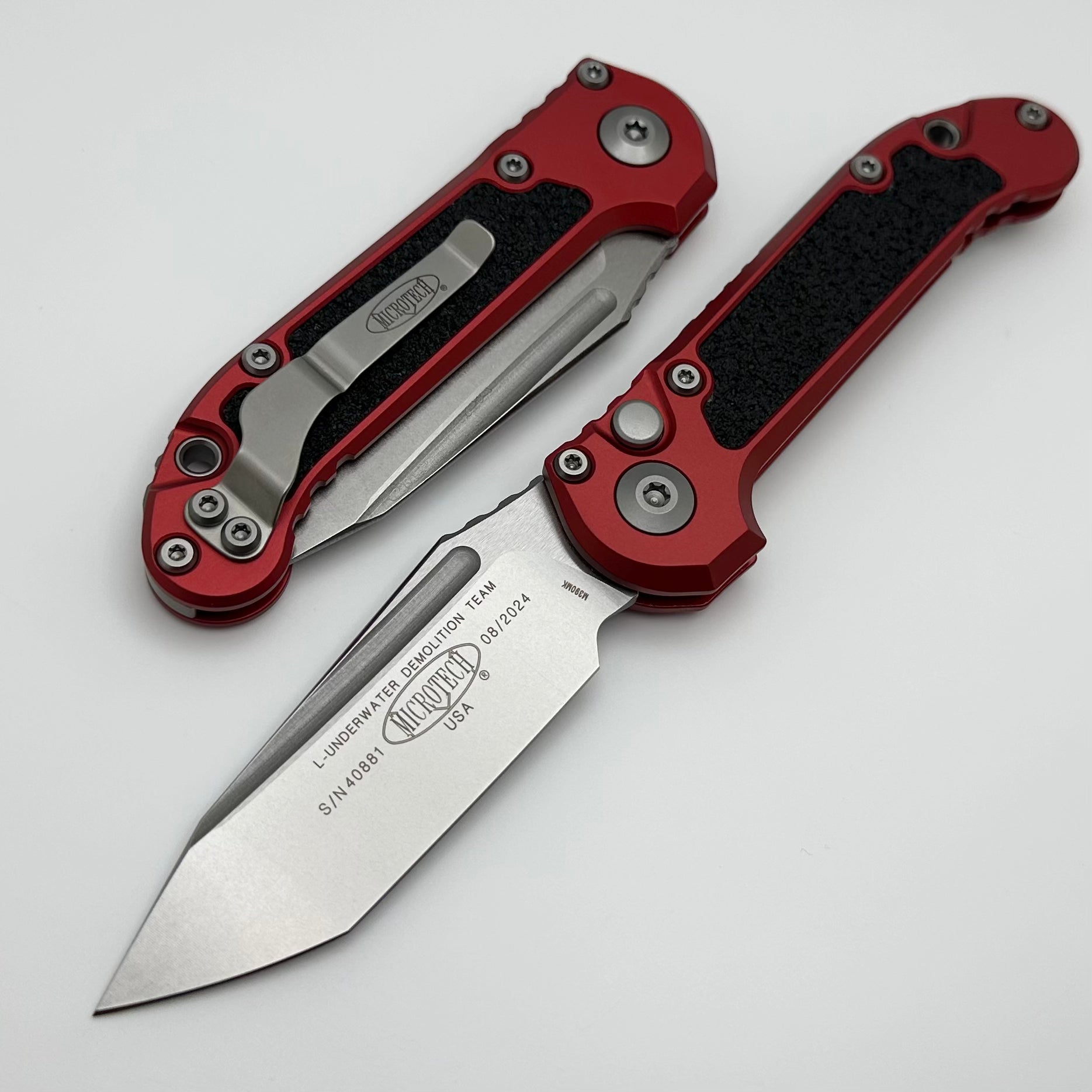 Microtech Premium LUDT Gen III Tanto Folding Knife - Stonewash Finish with Red Aluminum Handle