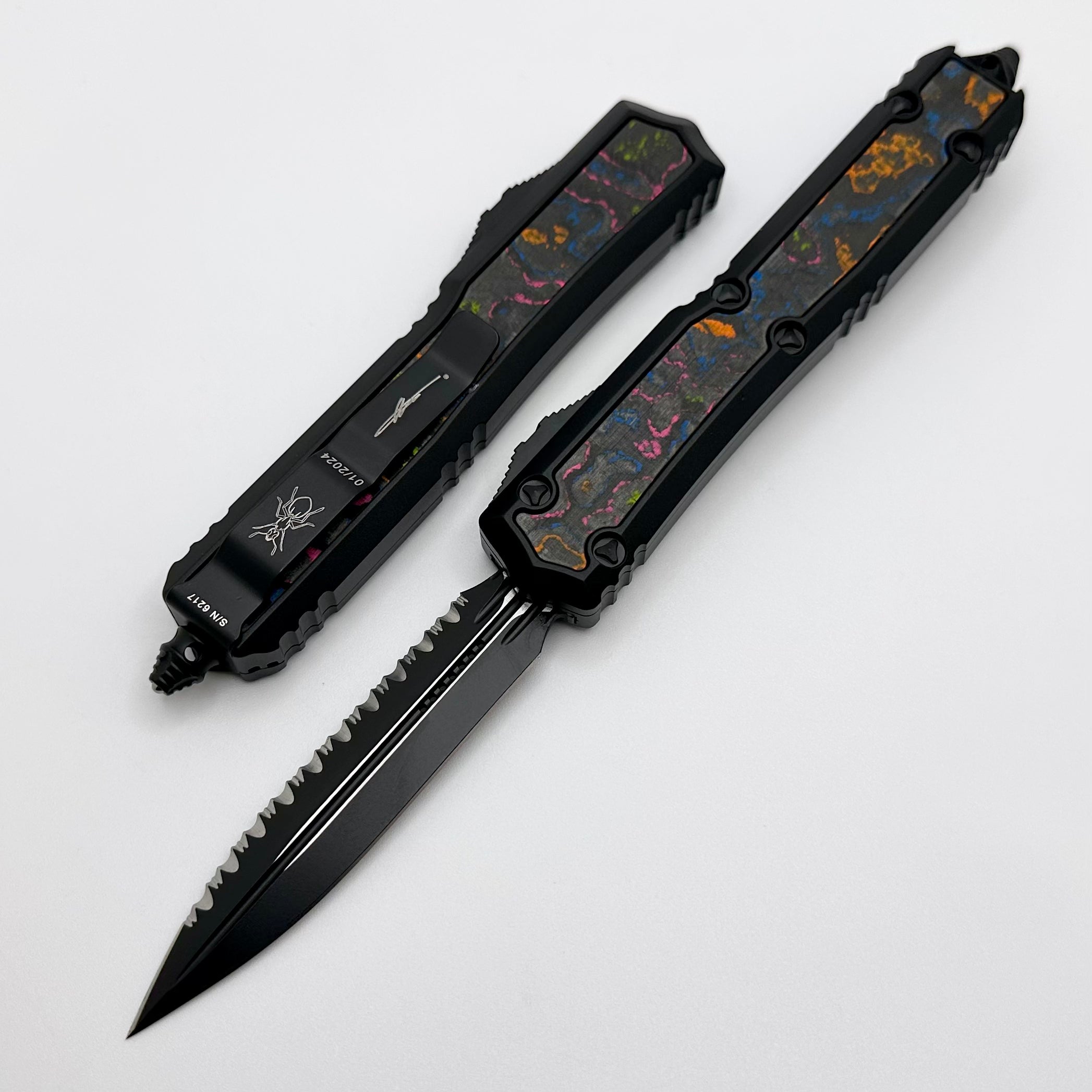 Microtech Makora Ultimate Tactical Knife - Double Edge Serrated with Carbon Inlay & Nickel Boron Internals (Limited Edition)