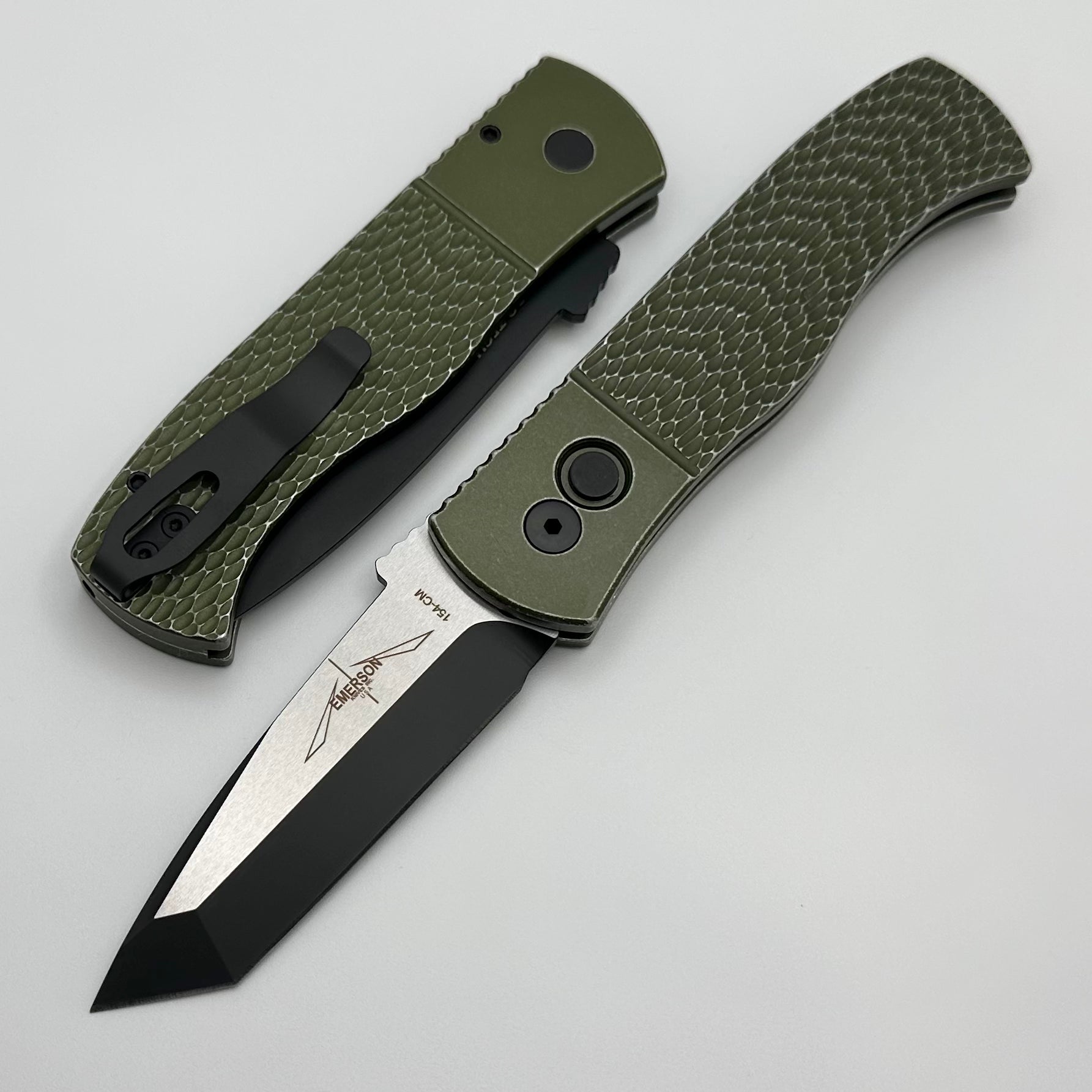 Pro-Tech Emerson CQC7 Auto Tanto Tactical Knife - Battle Worn Green Handle & 2-Tone DLC/Satin Blade