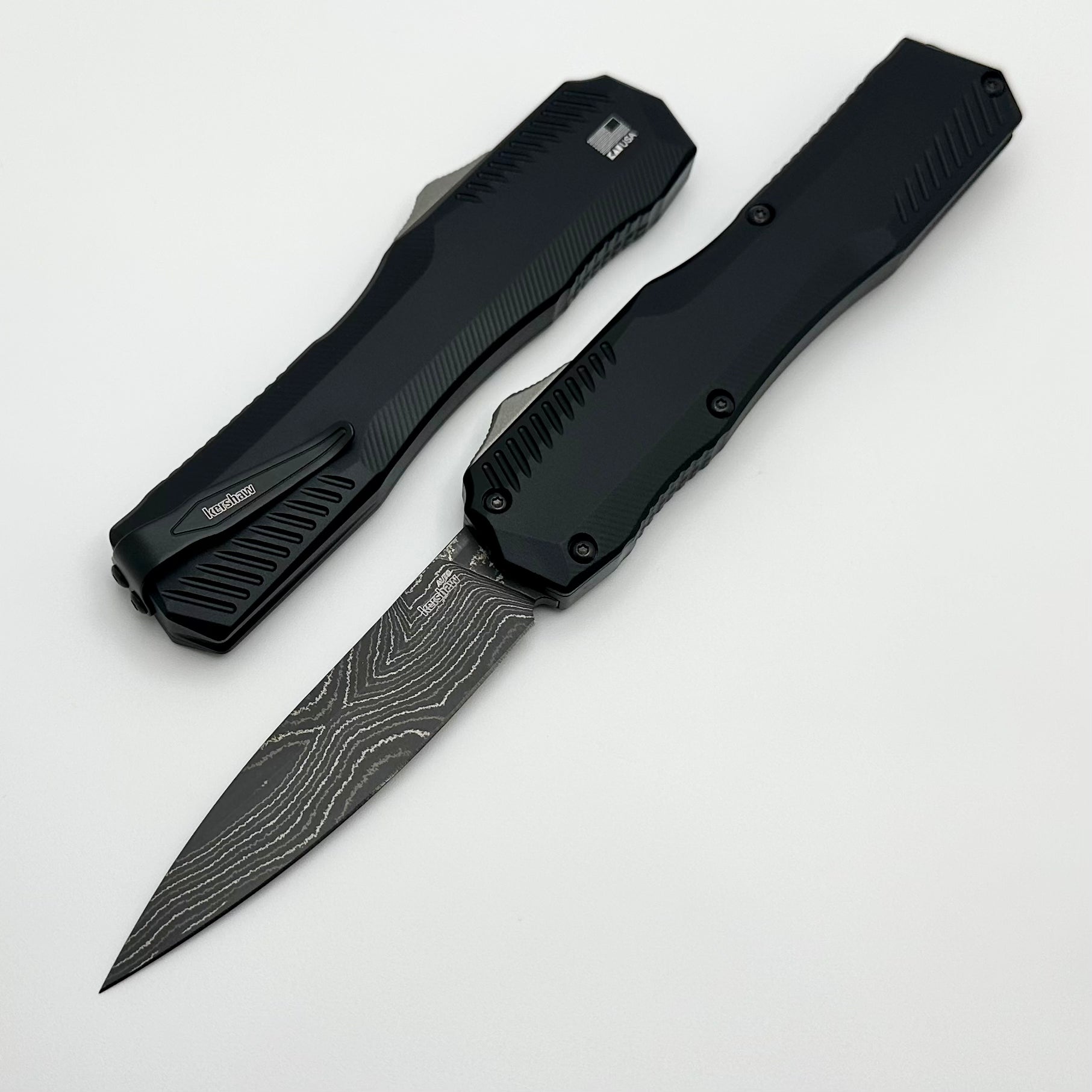 Kershaw Livewire Premium OTF Automatic Knife - Black Aluminum & Damascus