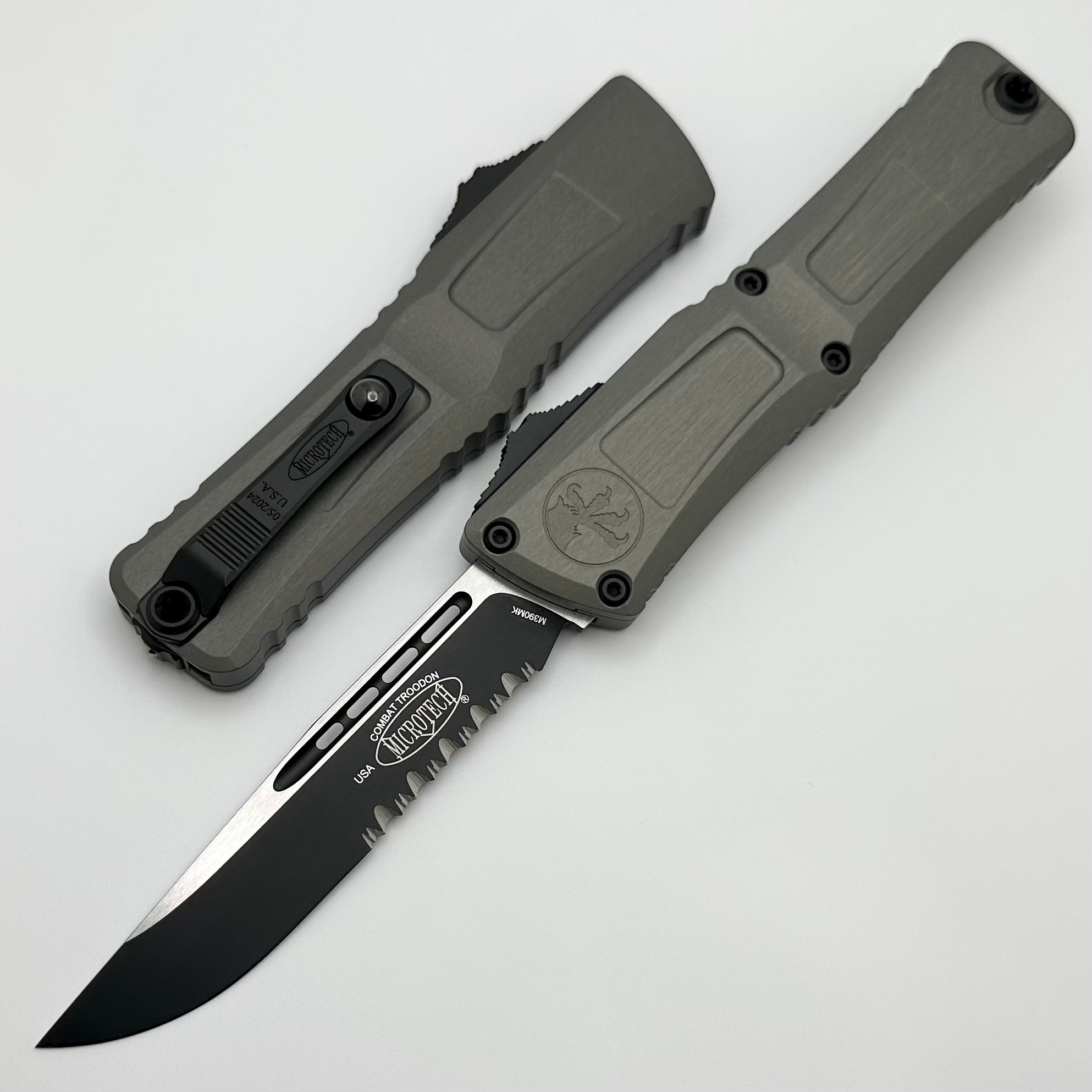 Premium Microtech Combat Troodon Gen III Tactical OTF Knife - Black S/E, Natural Clear Partial Serrated