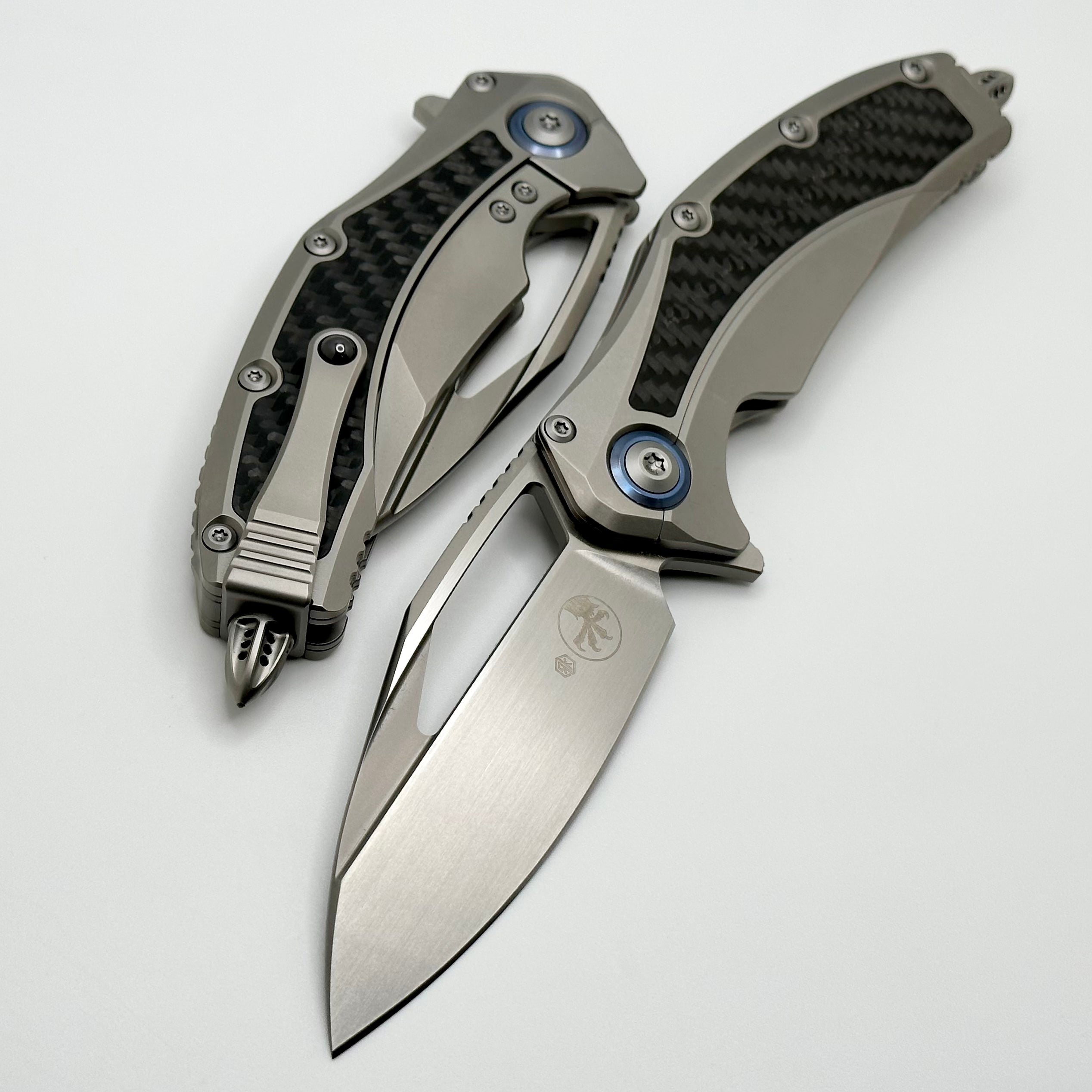 Premium Microtech Matrix Titanium Knife with Carbon Fiber Inlays & Blue Ti Pivot Collars