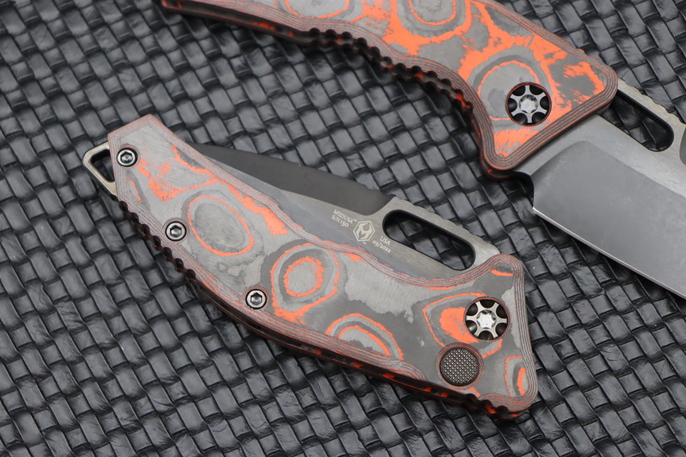 Premium Heretic Knives Medusa: Orange Camo Carbon Handles & DLC Tanto Blade