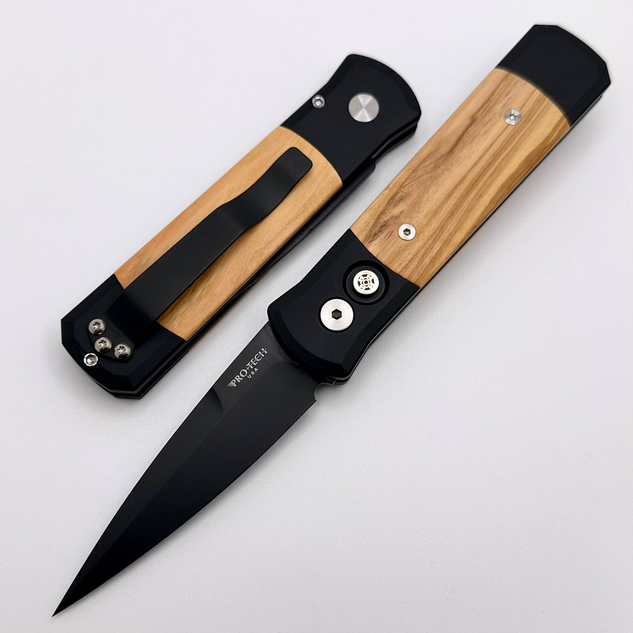 Premium Pro-Tech Godson Automatic Knife with Olive Wood Inlays & 154-CM Blade