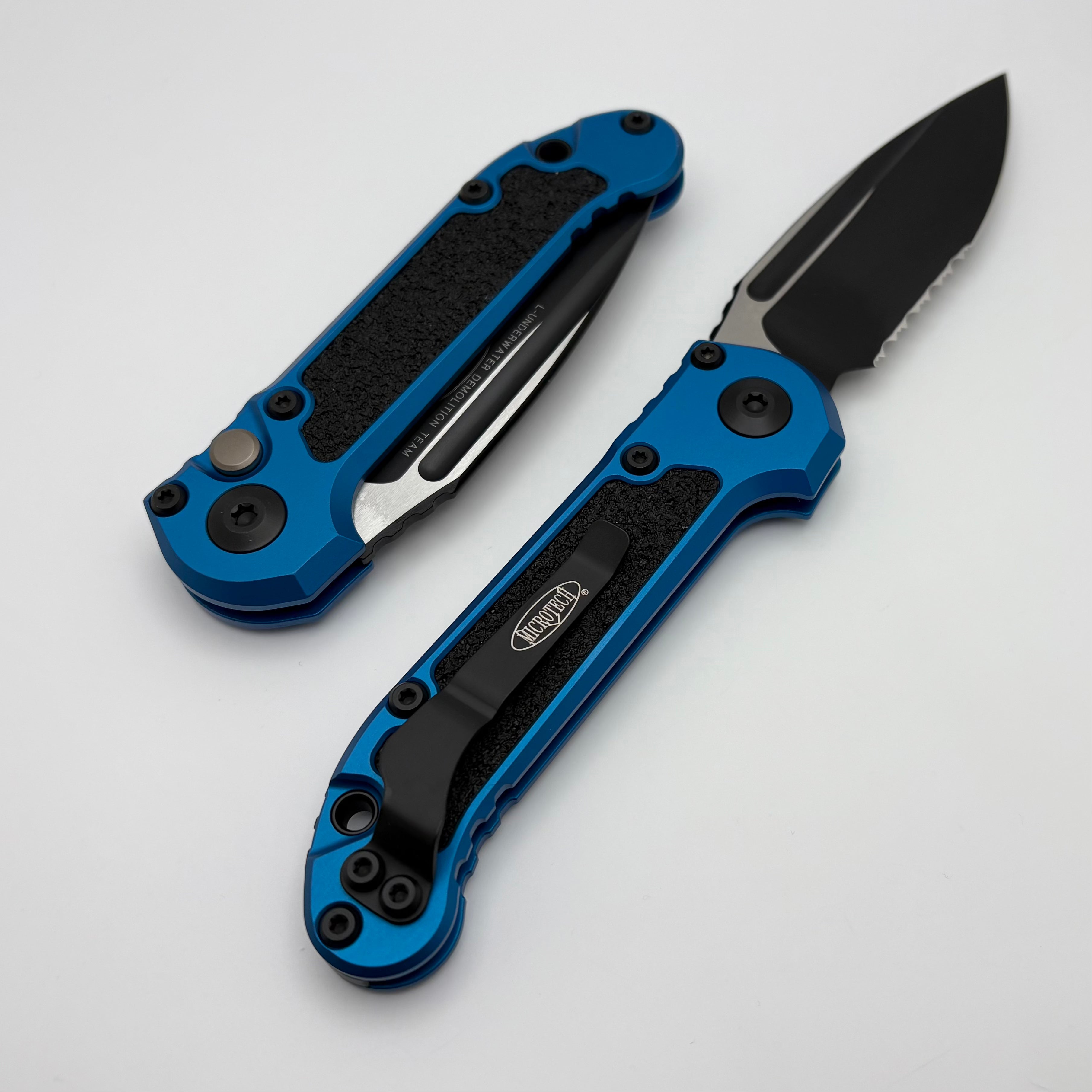 Microtech LUDT Gen III Premium Tactical Knife - Black Serrated Blade & Blue Aluminum Handle