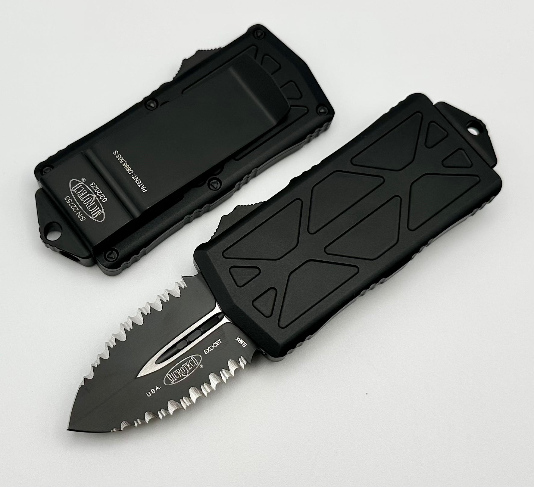 Microtech Exocet Black Tactical OTF Knife - Premium Double Edge Serrated Blade