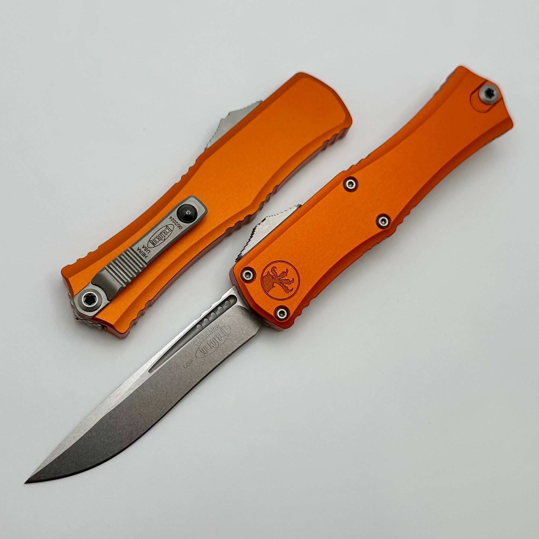 Microtech Premium Mini Hera EDC Knife - Stonewash M390MK Blade, Orange Aluminum Handle