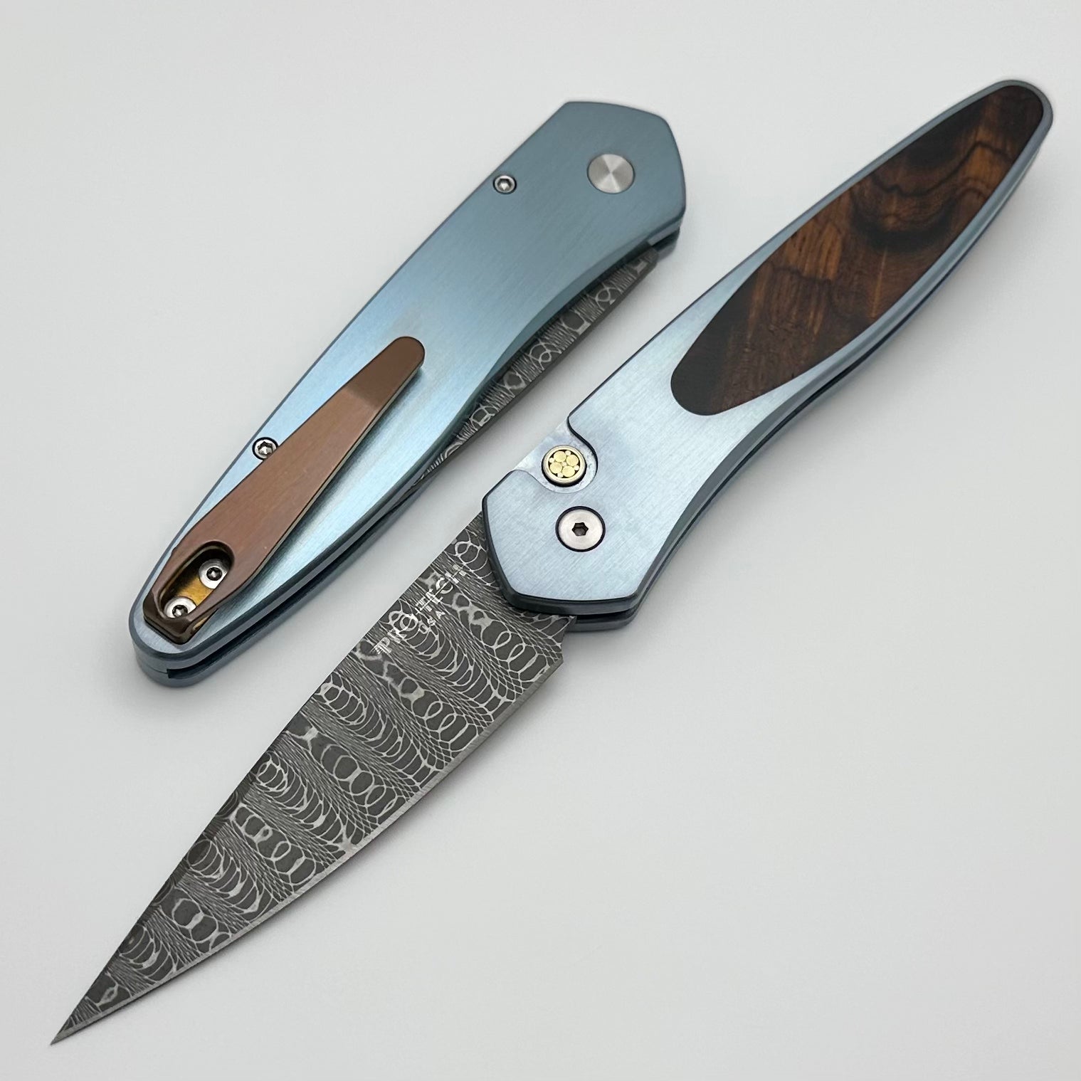 Premium Pro-Tech Newport 2 Custom Knife - Satin Blue Titanium with Mosaic Button & Desert Ironwood Inlay