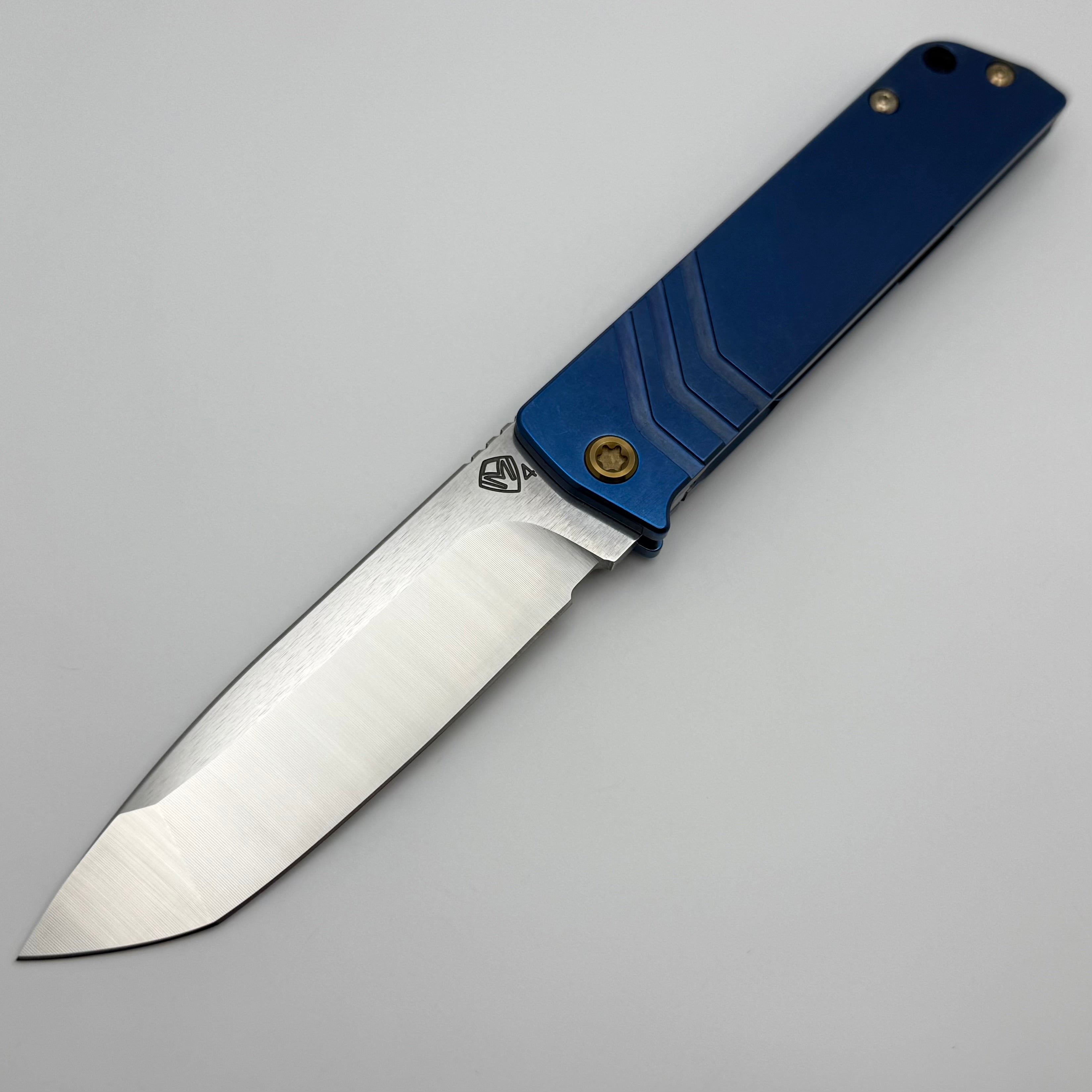 Medford Antik Premium Front Flipper Knife - S45VN Tanto Blade & Blue Titanium Handles with Bronze Hardware