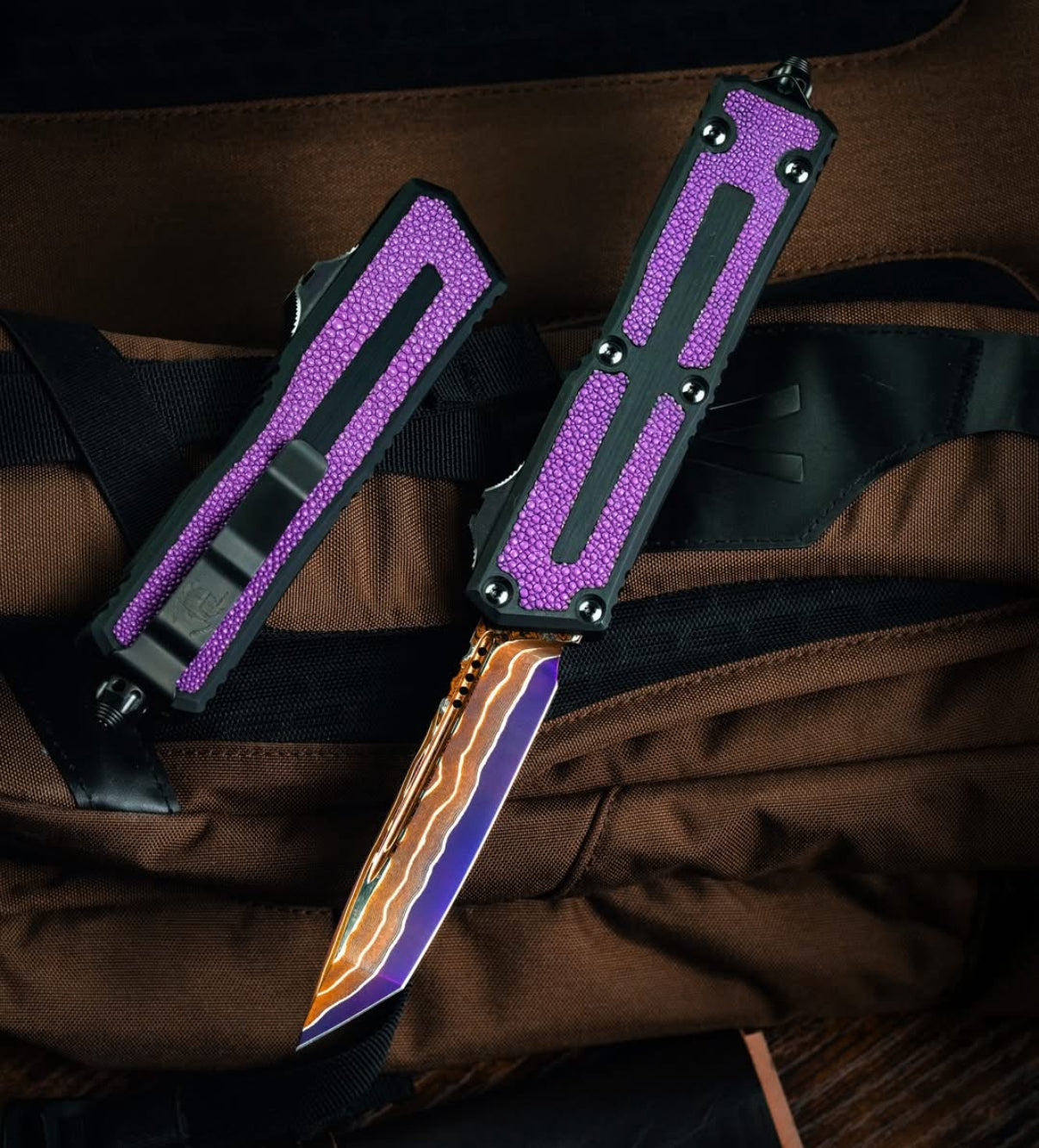 Microtech Marfione Select Scarab 2 Gen 3 - Premium Damascus Tanto Blade with Purple Stingray Inlay