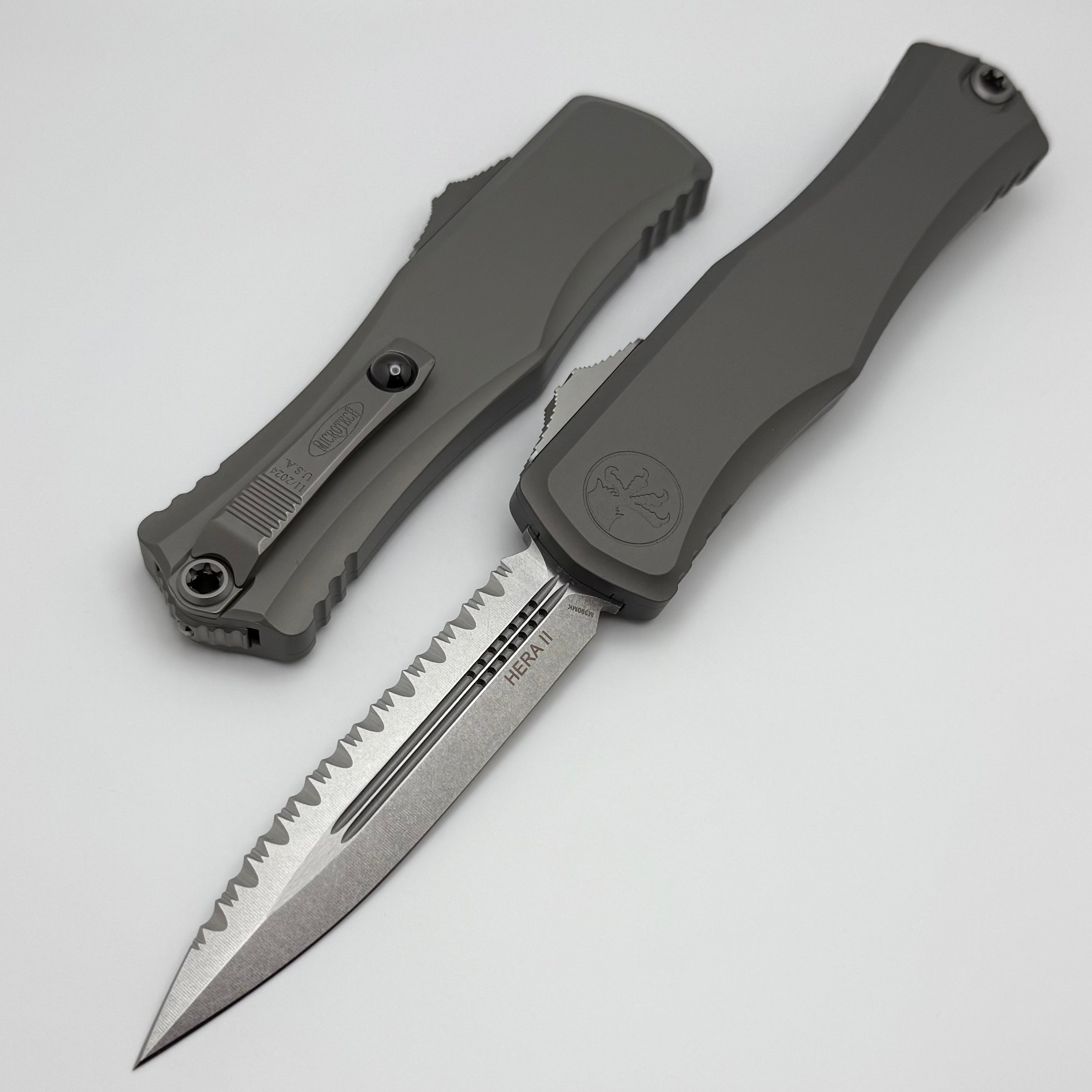 Microtech Hera II Ultimate OTF Knife - Stonewash Finish, Double Edge Serrated