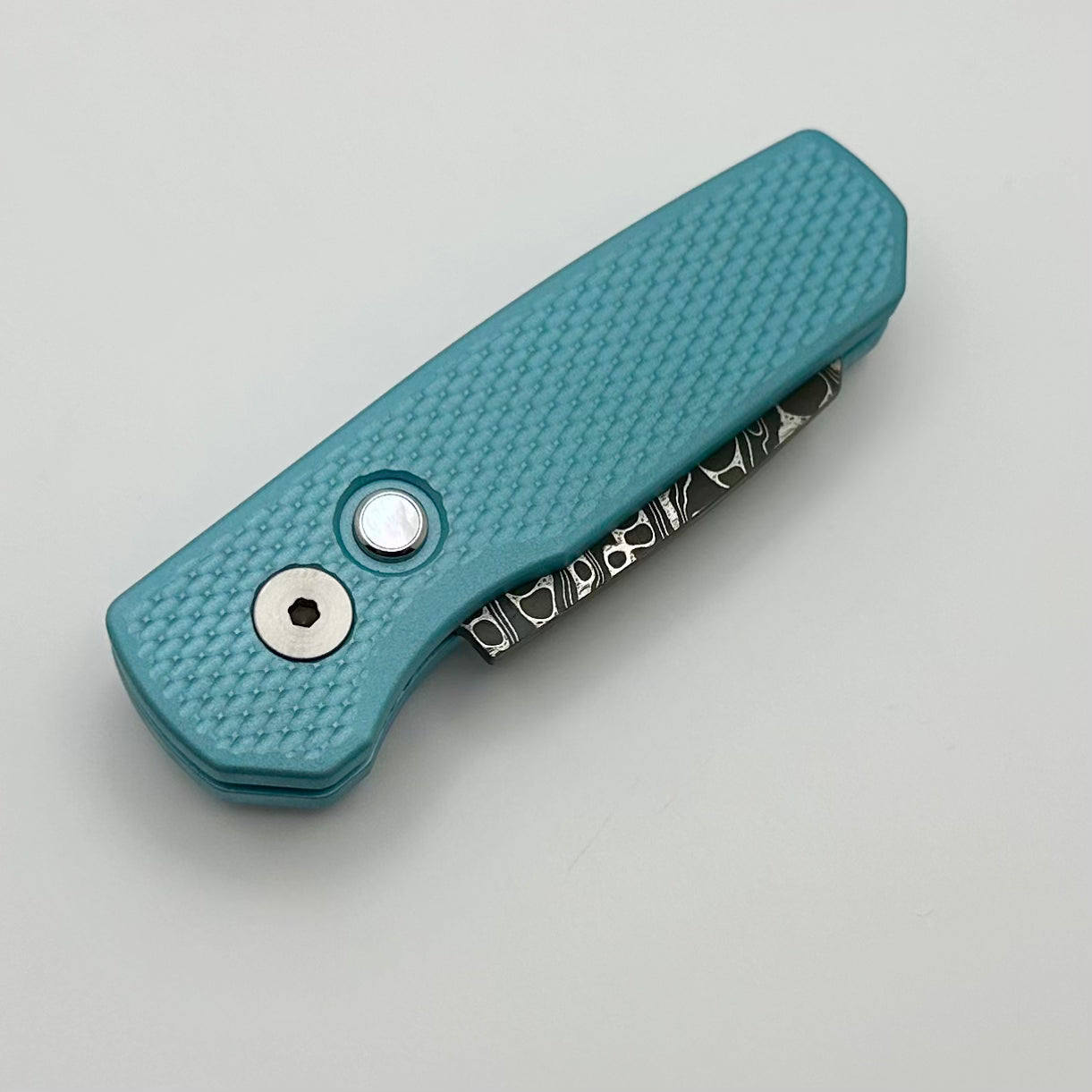 Pro-Tech Runt 5 Premium EDC Knife - Tiffany Blue Handle & Damascus Reverse Tanto Blade | Show Atlanta 2024