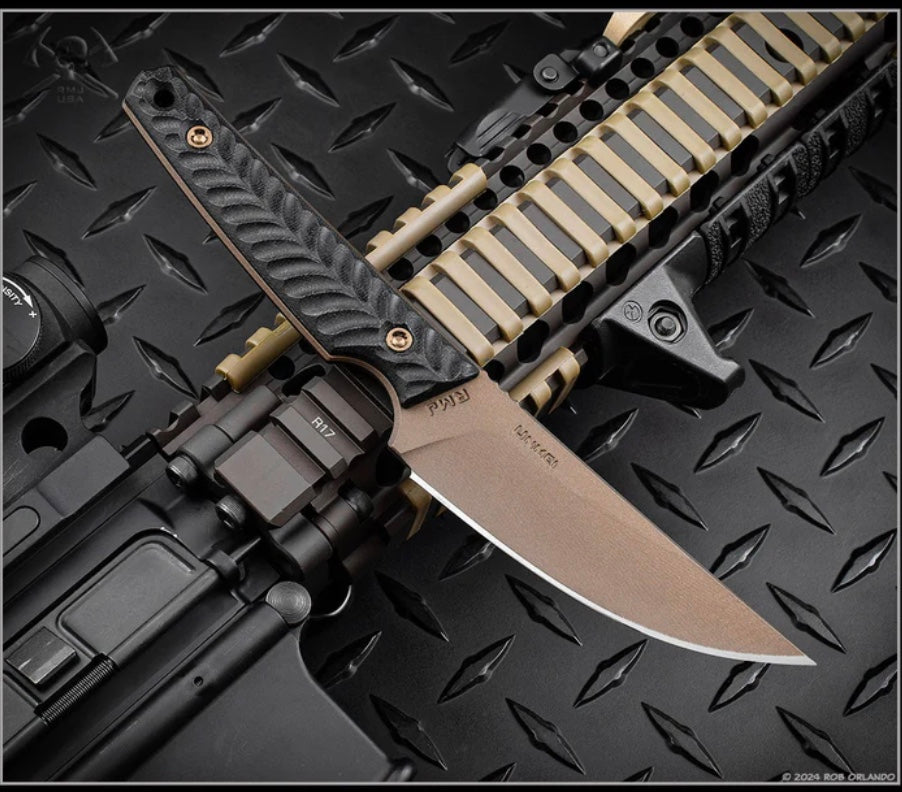 Premium RMJ Tactical Unmei Fixed Blade Knife - Black G-10 & Midnight Bronze Nitro-V