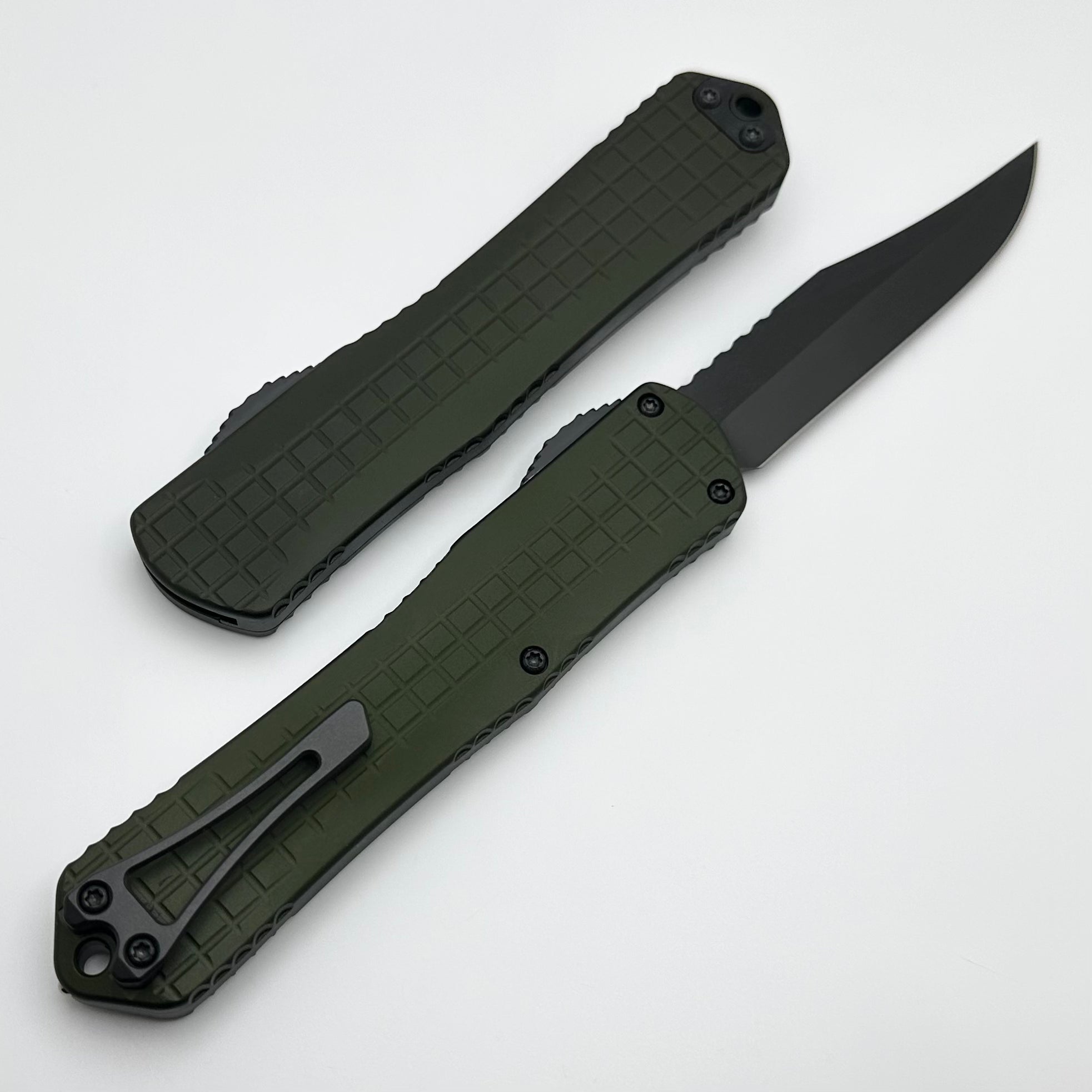 Heretic Knives Manticore X Ultimate Tactical OTF Knife - Green Grenade Frag Handle & DLC Bowie MagnaCut