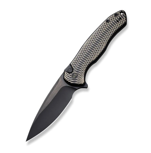 Premium We Knife Kitefin Limited Edition - Golden Polished Ripple Design with Black Titanium Handles