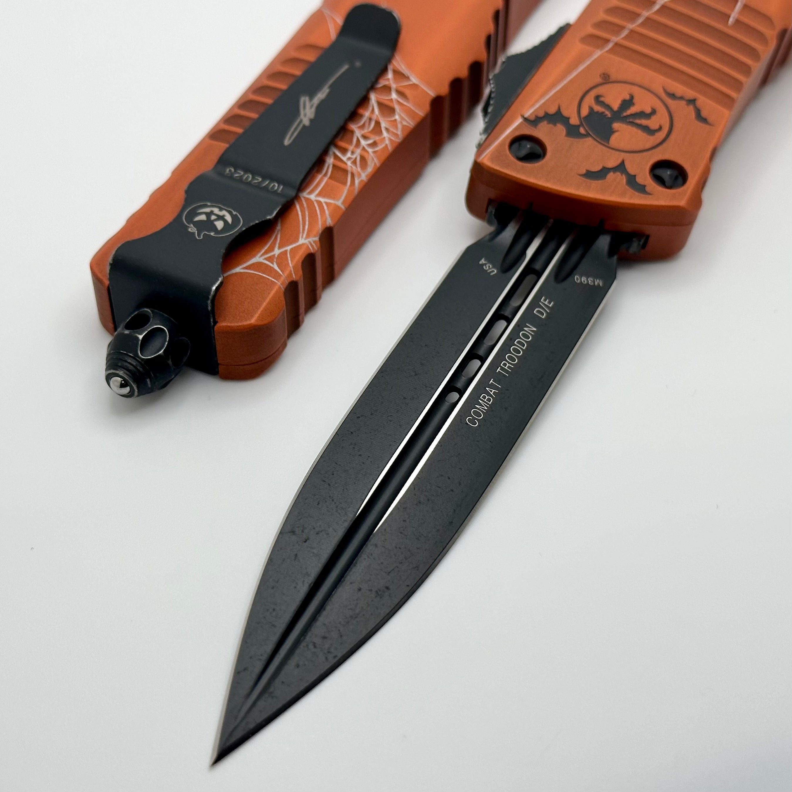 Microtech Combat Troodon Premium OTF Knife - Halloween Web Orange Fluted